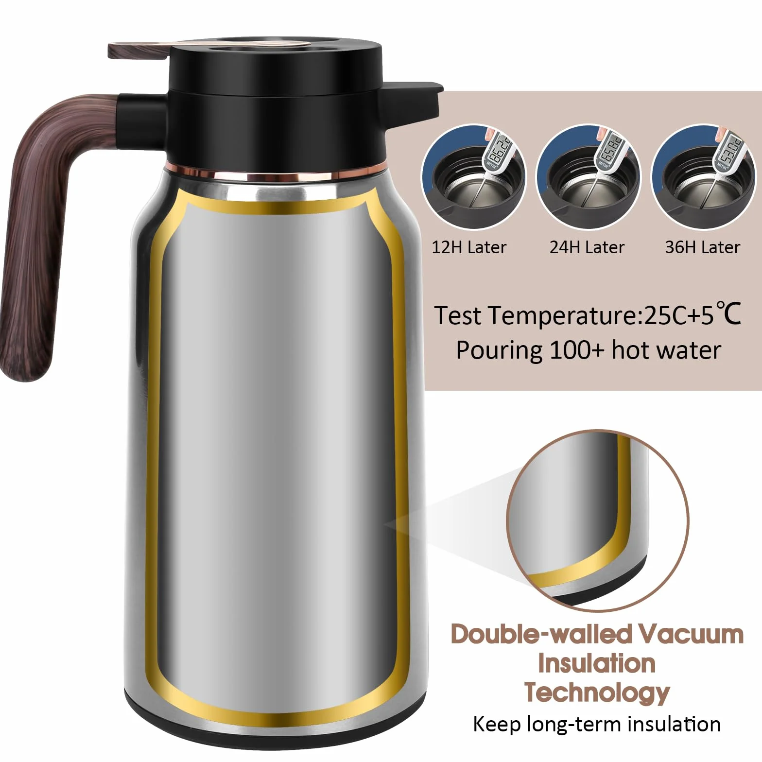 Jarra térmica de café de 68 onzas, jarras de acero inoxidable para líquidos calientes 36 horas, jarras de café aisladas para mantener el café caliente, agua caliente, té, bebidas calientes (plata)