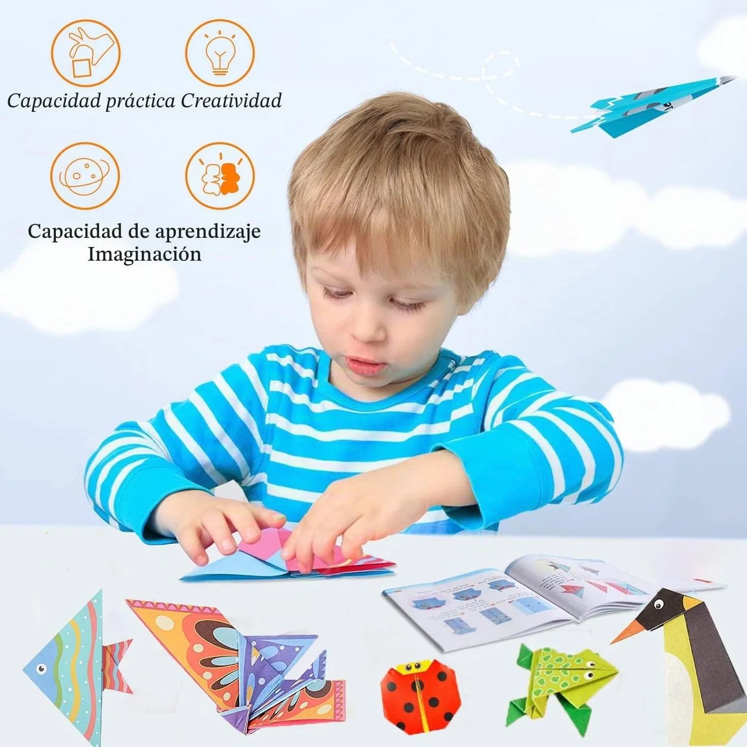 Kit de Origami 108 Hojas 14x14 cm Papel Doble Cara Vívido con Libro en Inglés para Principiantes