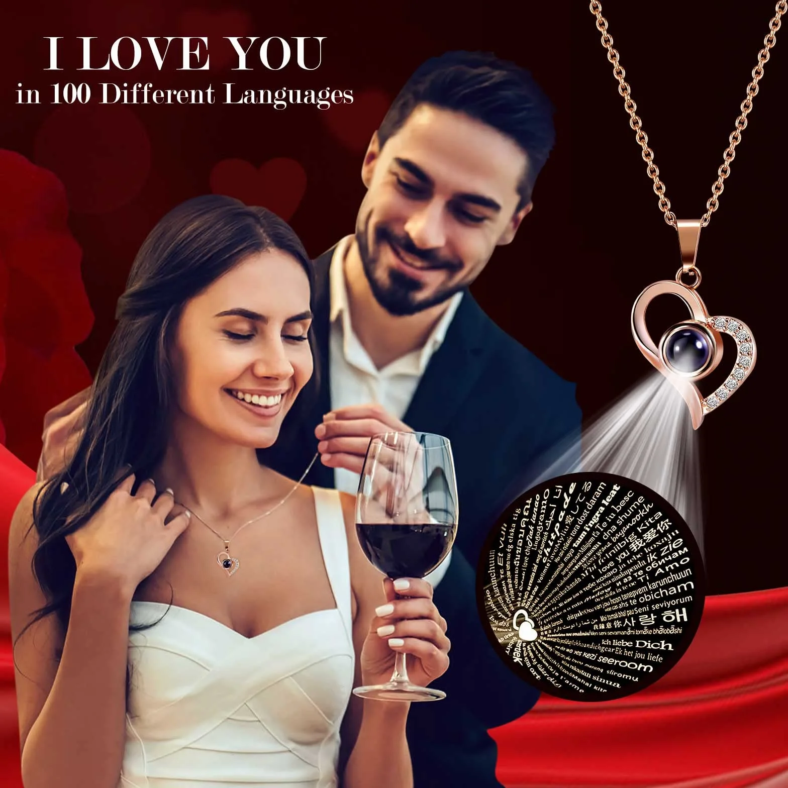 Collar de Rosa Eterna Preservada con Texto I Love You en 100 Idiomas, Regalo para Mujer Mama Dia de la Madre Aniversario Boda Novia
