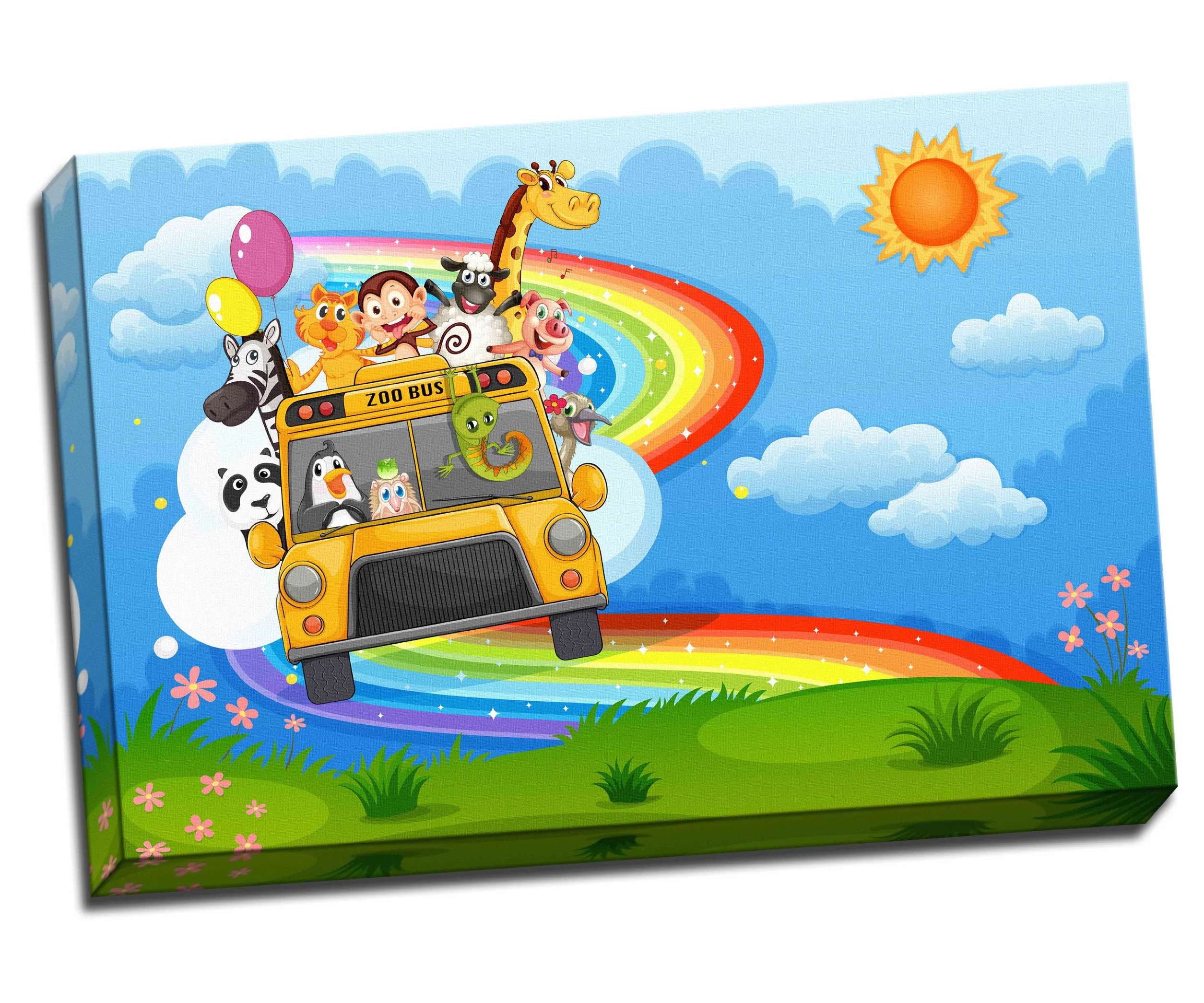 Póster artístico para habitación infantil con diseño de autobús en la colina con arco iris en el cielo de 76,2 x 50,8 cm