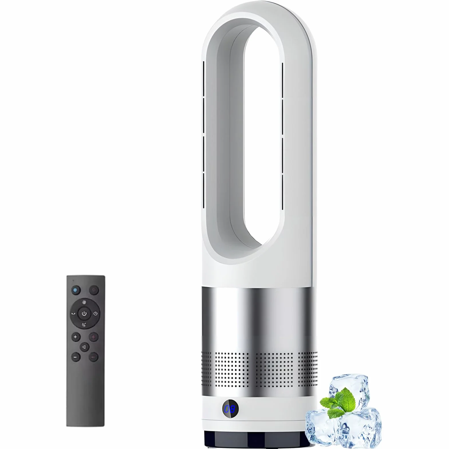 Ventilador Calefactor sin aspas Torre Control Remoto 18" 8 velocidades oscilación 80°Temporizador Horas purificador Aire portátil Pantalla LED Ideal oficinas en Interiores.