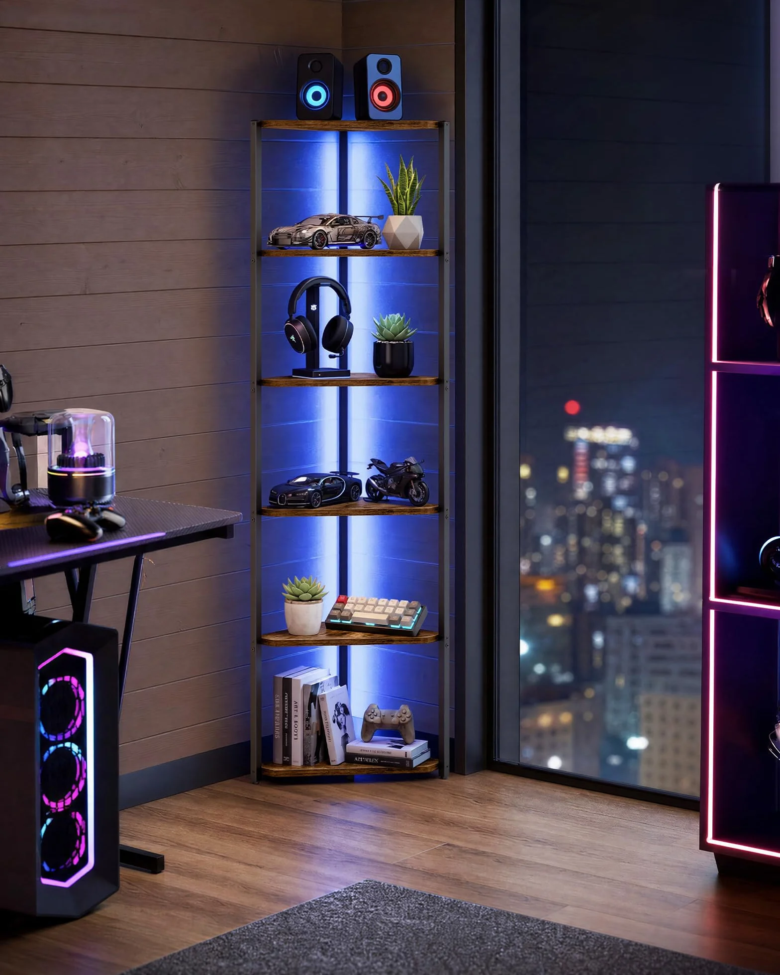 VASAGLE Estanteria Esquinera de 6 Niveles, Librería con Iluminación LED Ajustable, Estantería con Marco de Acero, 24,8 x 48 x 182,1 cm, para Salón, Dormitorio, Estudio, Marrón Rústico LBC591KD01
