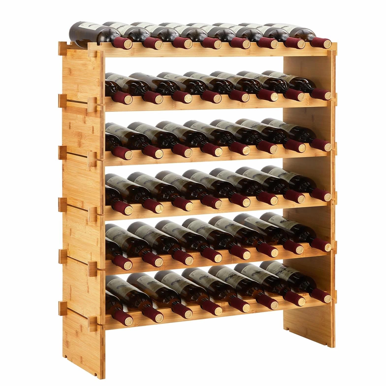 Estante modular apilable de bambú para vino – 6 niveles, capacidad 48 botellas, diseño estable para suelo o encimera, organizador de madera para bar y gabinete, 76x26x76 cm, capacidad: 48 botellas