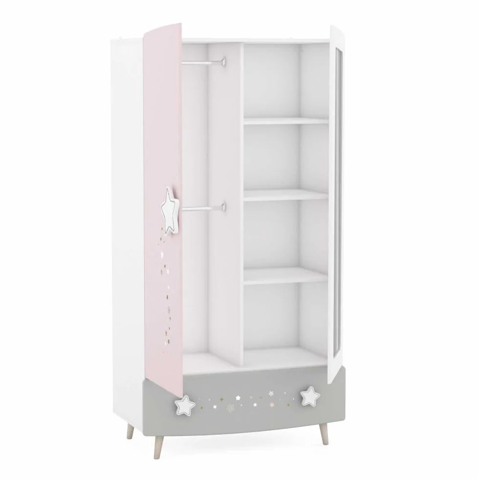 Befara Armario Infantil Cosmos, Blanco Mate/Gris/Rosa, 95 x 51,6 x 186,8 cm, Armario Infantil Rosa Gris