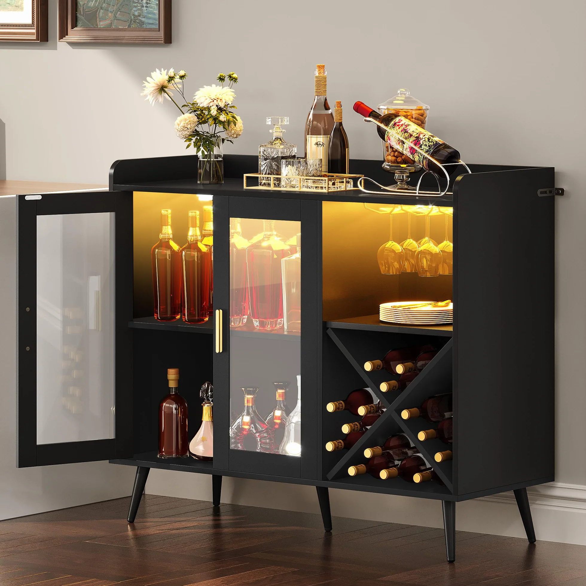 YITAHOME Gabinete de Bar con Luces LED Ajustables, Barra de café con Estante para Vino y Ganchos y Armario de Puerta acrílica, aparador de Buffet de Cocina para el hogar, Bar, Comedor, Sala de Estar