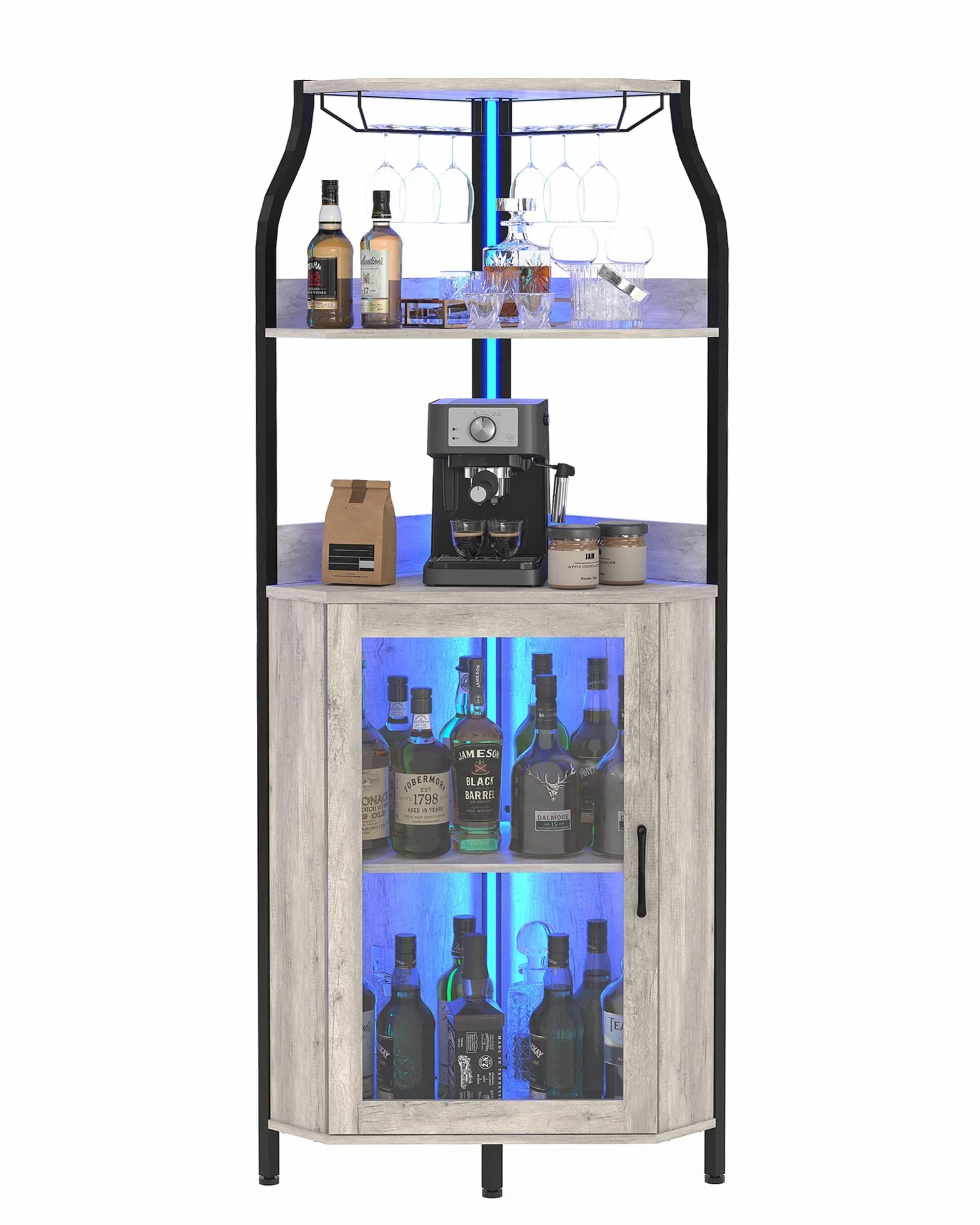 Zstar Mueble Bar, Vitrina para Vinos De MDF Curvado con Luces LED, Vitrina Independiente De 4 Niveles con Puerta De Cristal para Bar En Casa，Gris.