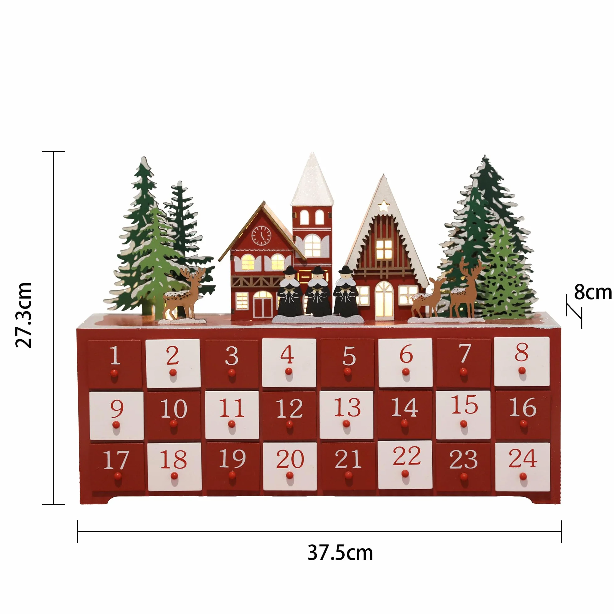 PE Calendario de Adviento de madera de Navidad con luces LED, cuenta regresiva de 24 cajones para Navidad, escena festiva de iglesia con renos y árboles, perfecto para decoración del hogar de