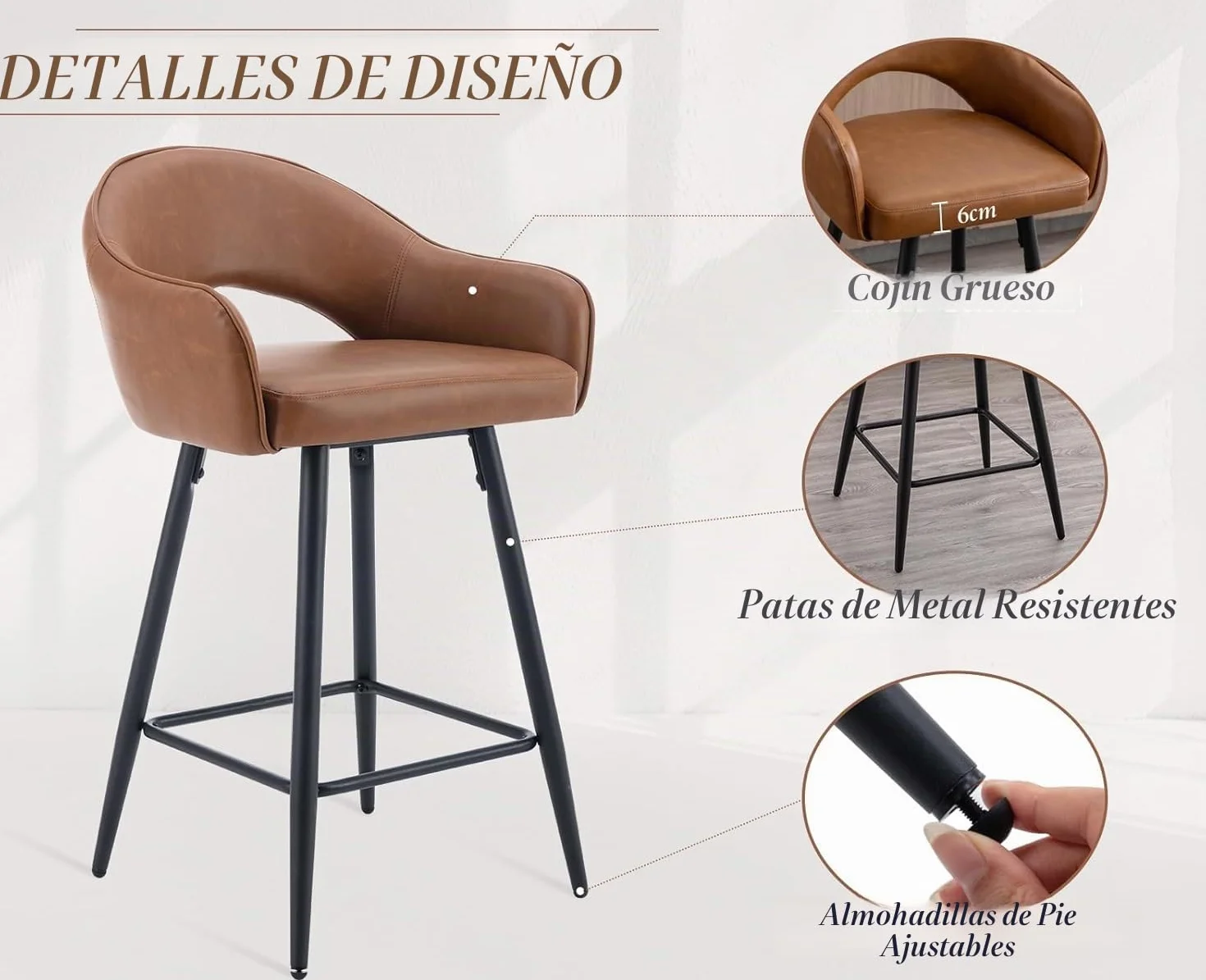 chairus 2PCS Taburetes Altos Giratorio de Cuero PU, Marrón | Patas Metálicas, Cojín Grueso, Con Respaldo y Brazos