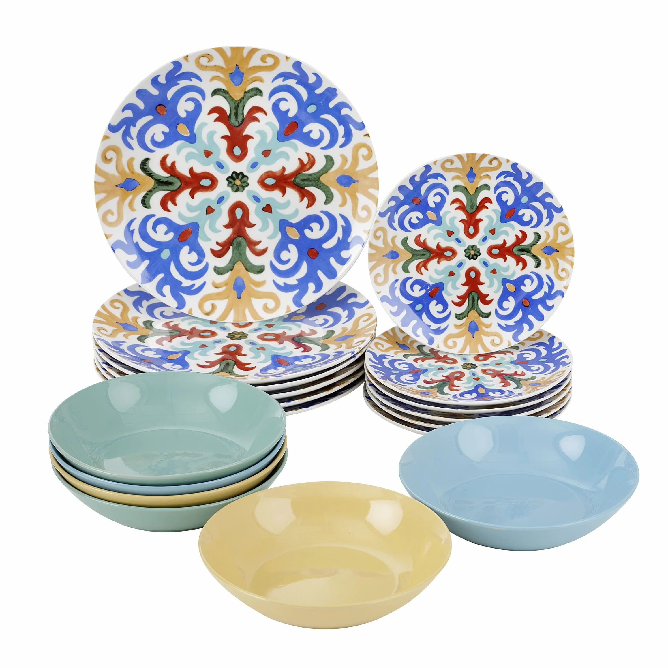 Baroni Home Juego de 18 Platos de porcelana y gres, Vajilla para 6 personas, Set Completo, Conjunto de Platos planos, hondos y platillos para postre, Fantasía Sorrento
