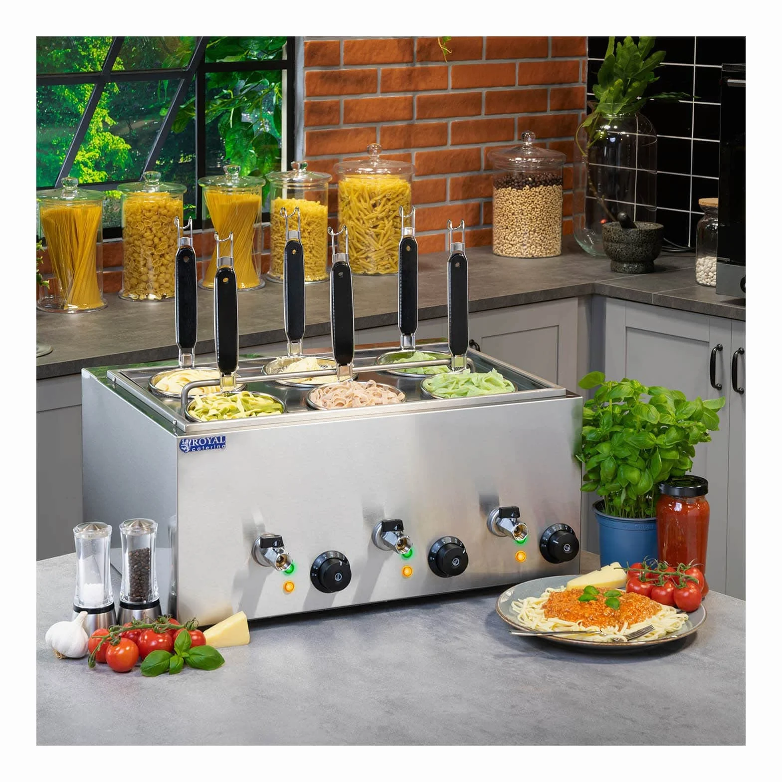 Royal Catering Cuece-pastas con 6 Cestas Cocedor Para Hostelería RCNK-6 (Dimensiones: 50,7 x 60,5 x 50 cm, 3 x 1.000 watt, 3 x 4 Litros)