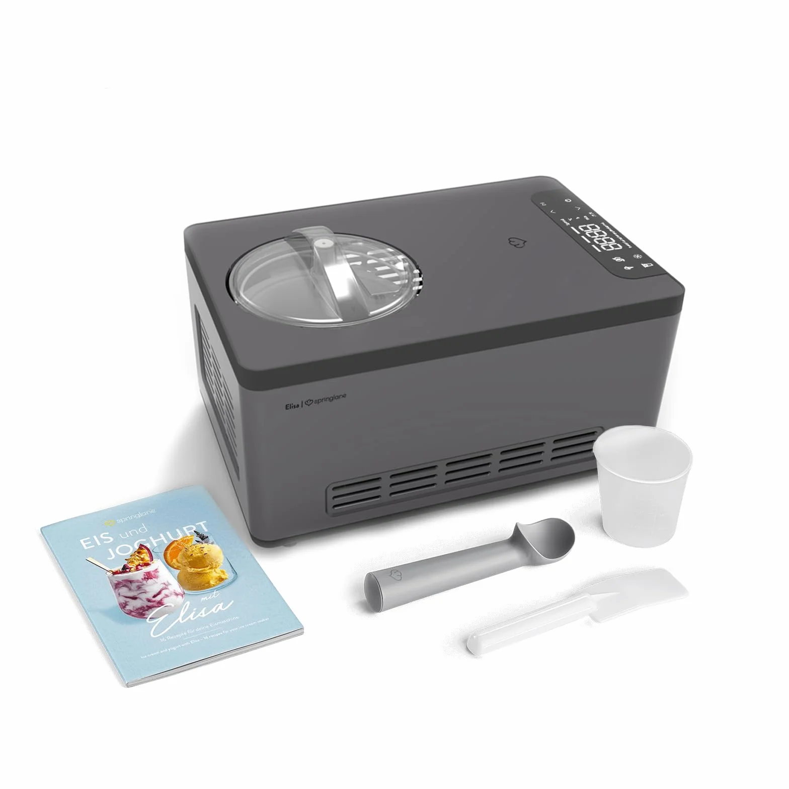 Springlane Kitchen Máquina de helados y yogur Elisa 2,0 L con compresor autoenfriante de 220 W, de acero inoxidable con función de refrigeración y calefacción (Elisa Antracita, máquina de hielo)