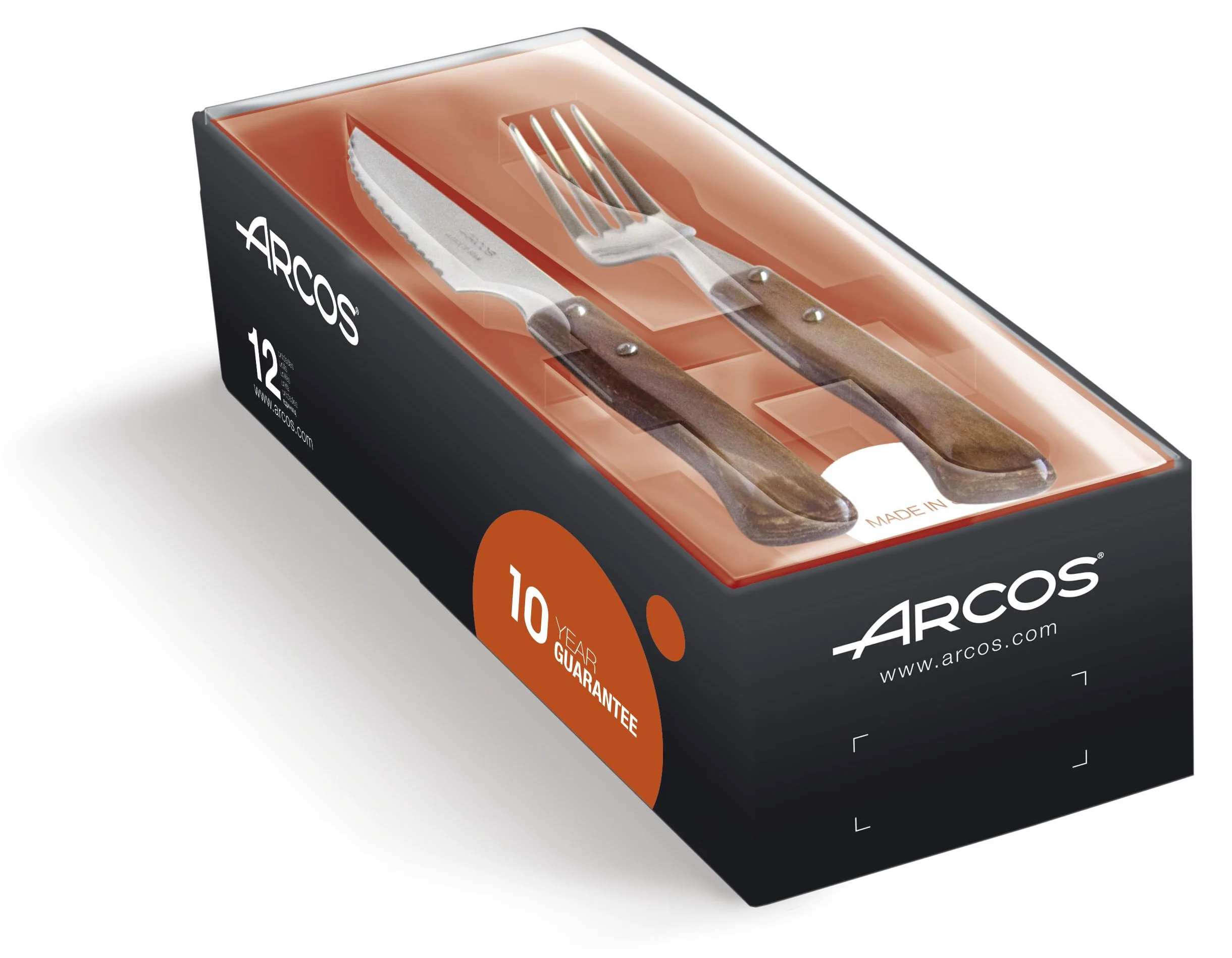 Arcos Juego de 12 Cubiertos para Mesa. Set de 6 Cuchillos Chuleteros y 6 Tenedores en Madera de Haya y Acero Inoxidable. Estuche para Carne. Serie Mesa. Color Marrón