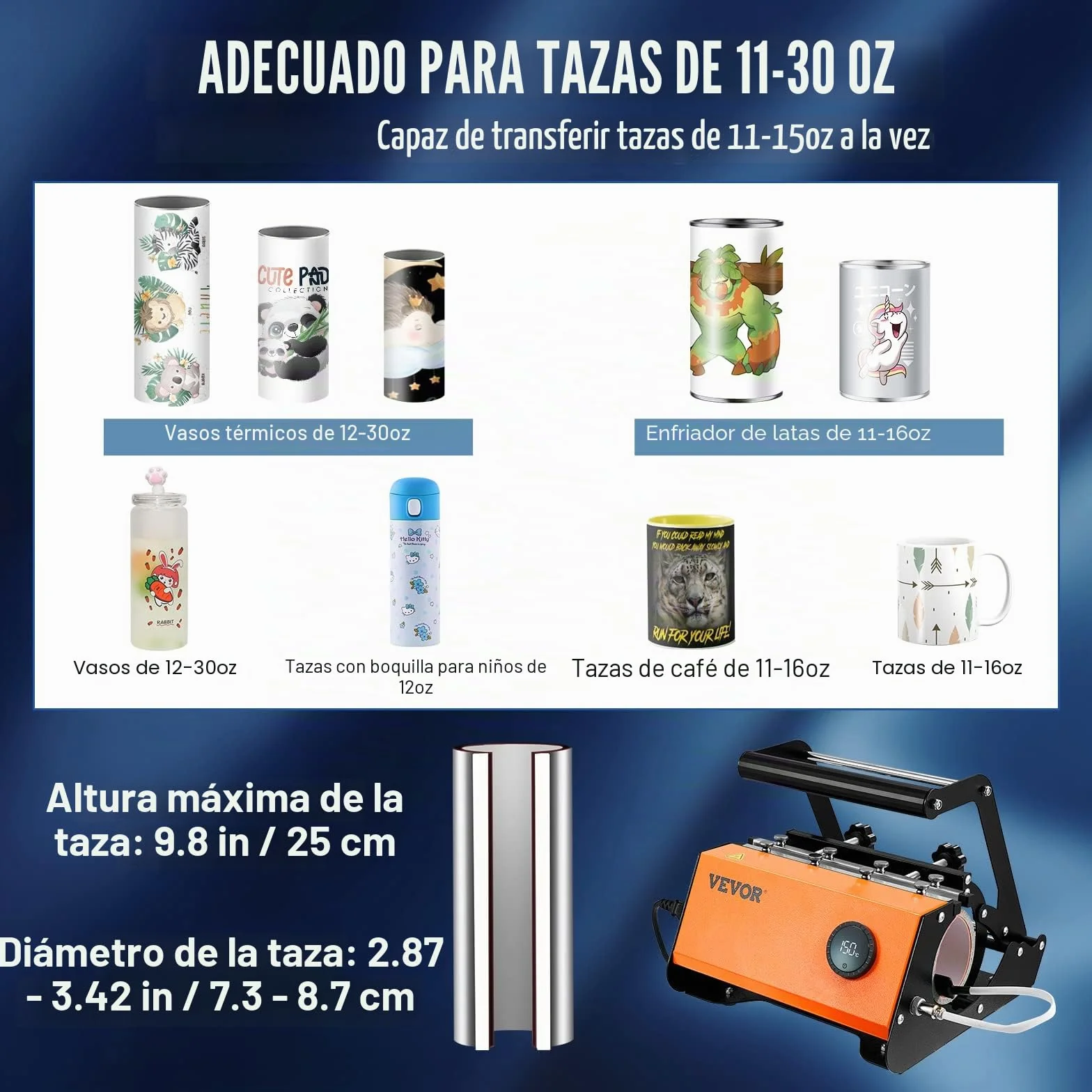 VEVOR - Prensa de calor para vasos, máquina de prensa de calor para tazas de 30 onzas, transferencia de sublimación de 11 a 15 onzas, 16 a 25 onzas, vasos rectos y delgados, prensa de calor de taza