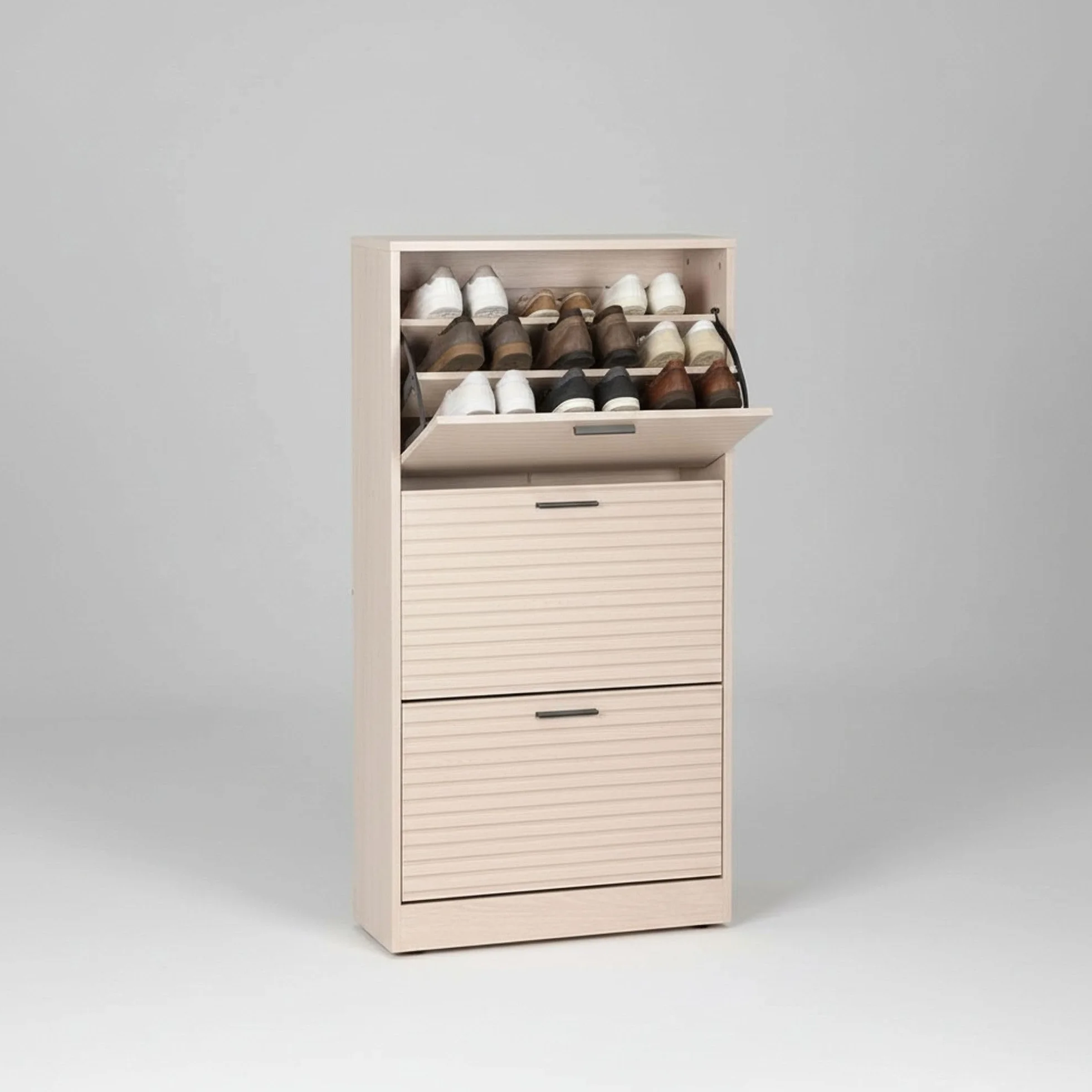 INDE MOBLEKIT | Zapatero 3 Niveles 60×24×115 cm Acabado Slat, Mueble Zapatero Entrada Estrecho con Puertas Abatibles, Organizador de Zapatos para Recibidor o Dormitorio
