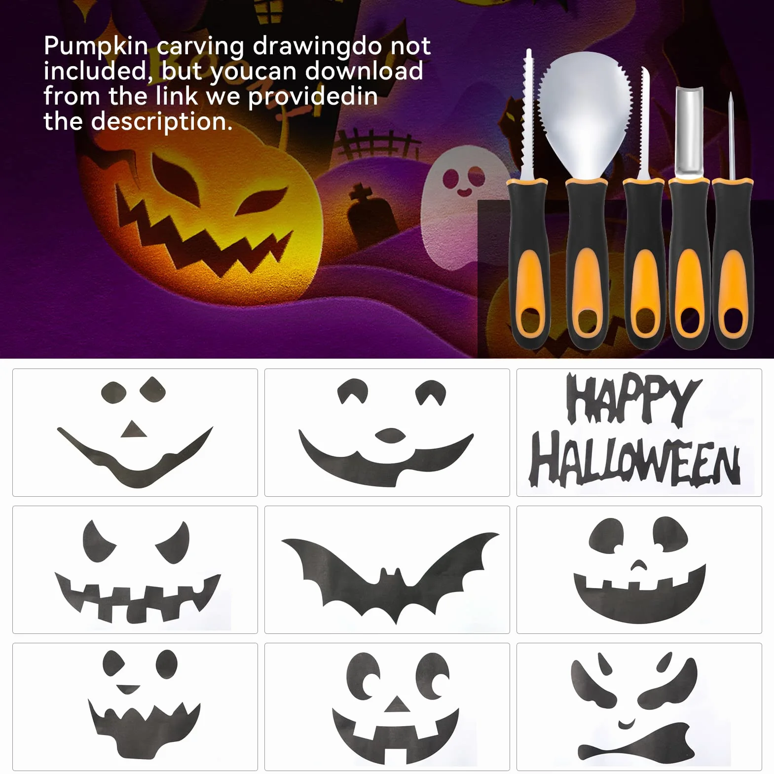 Kit de talla de calabaza Halloween, 5 piezas herramientas talla acero inoxidable