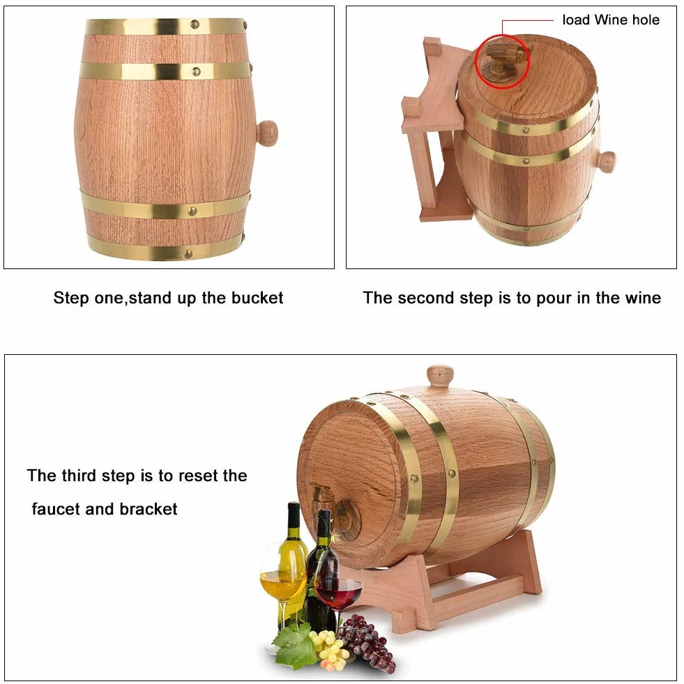 Barril Vino 10 Litros, Barril Vino Madera Roble Vintage con Soporte para Whisky Borbón Tequila