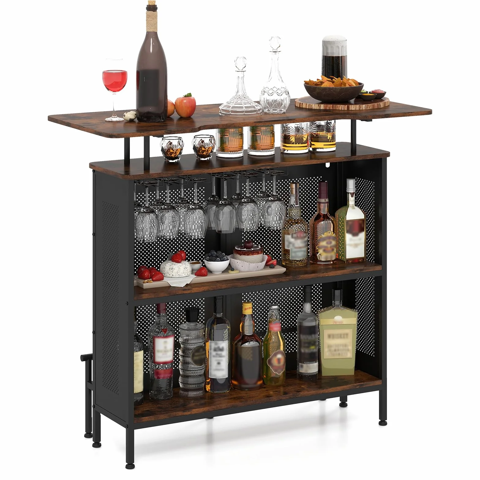 KOMFOTTEU Mesa Alta de Bar con Estante Elevado y Portavasos, Mesa Barra de Cocina de 4 Niveles de Metal, Mueble de Comedor Industrial con Patas Ajustables (Rectangular, Marrón)