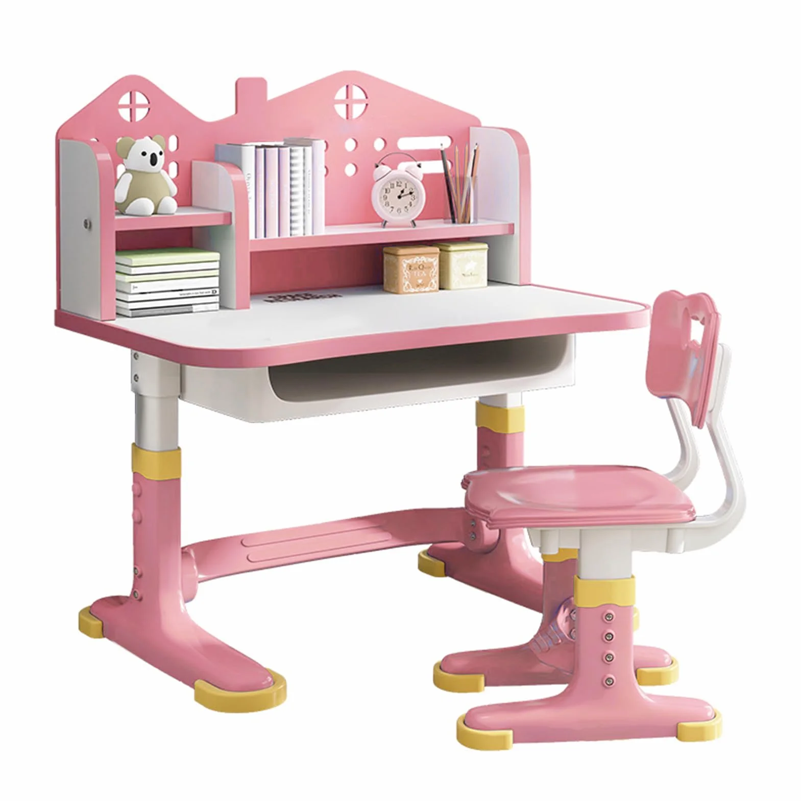 Juego de escritorio y silla para niños, juego de sillas de escritorio ampliadas, diseño dorado que evita la miopía, mesa de estudio ajustable en altura para niños, mesa y silla rosa para niños (rosa