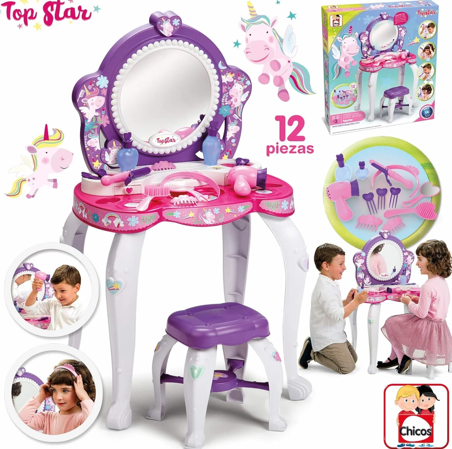 Tocador Infantil Top Star Unicornio para Niñas con Espejo, Taburete y 12 Accesorios