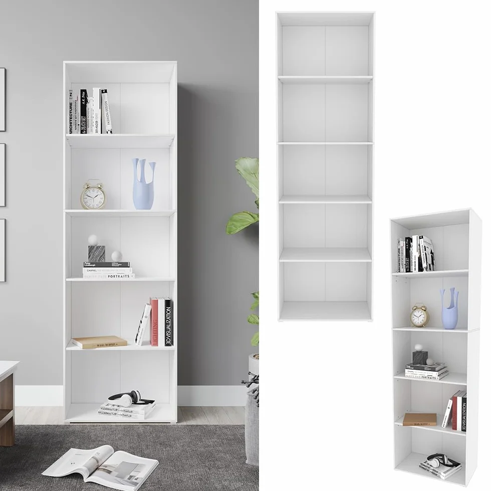 Vicco Librería Bob, Blanco, 60 x 190 cm | con 5 compartimentos, para almacenar y presentar libros y carpetas