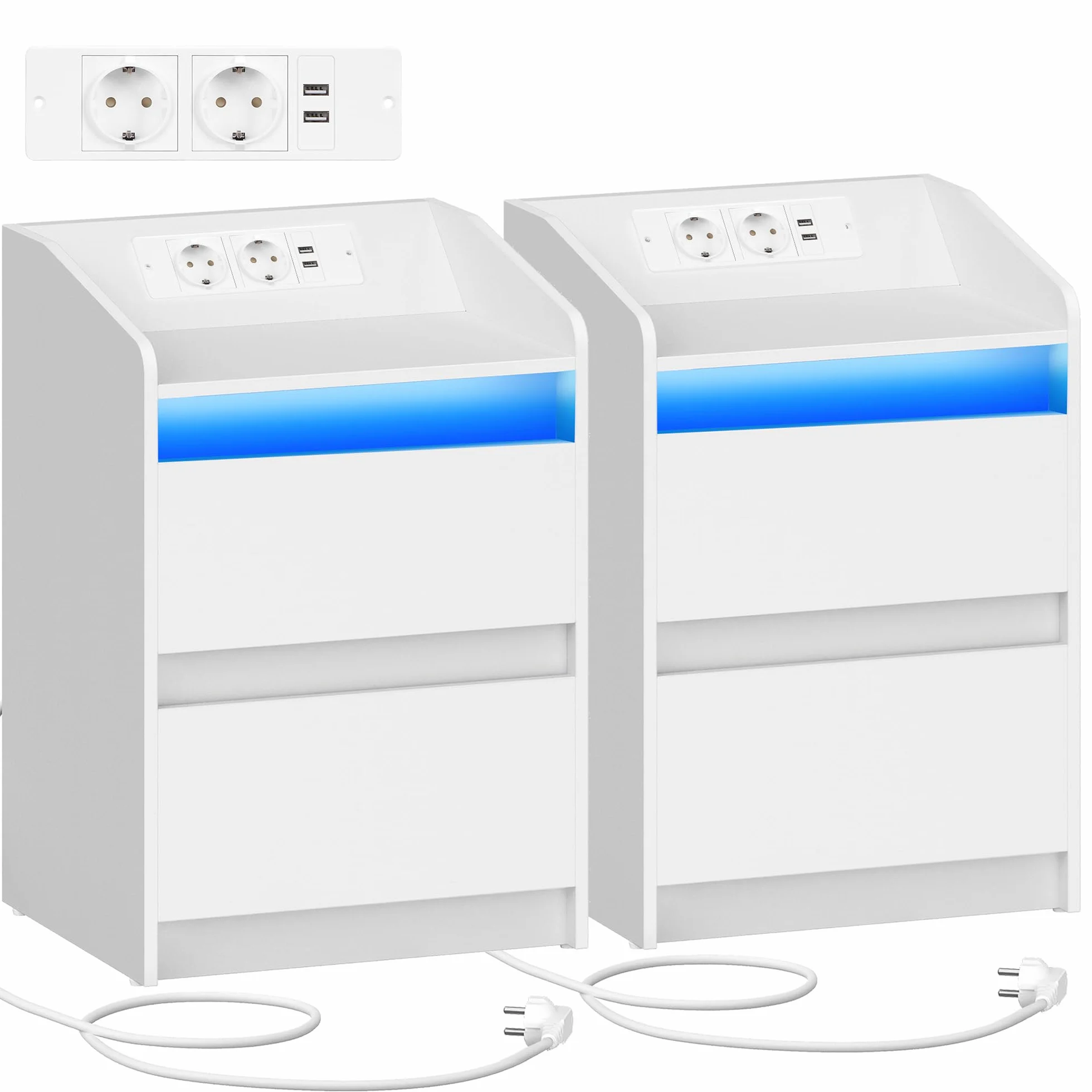 Hzuaneri Mesitas de Noche Juego de 2 con Luces LED, Estación de Carga y 2 Cajones, Mesa Auxiliar con Puertos USB y Enchufes de Energía, Ideal para Sala de Estar y Dormitorio, Blanco NS30103X