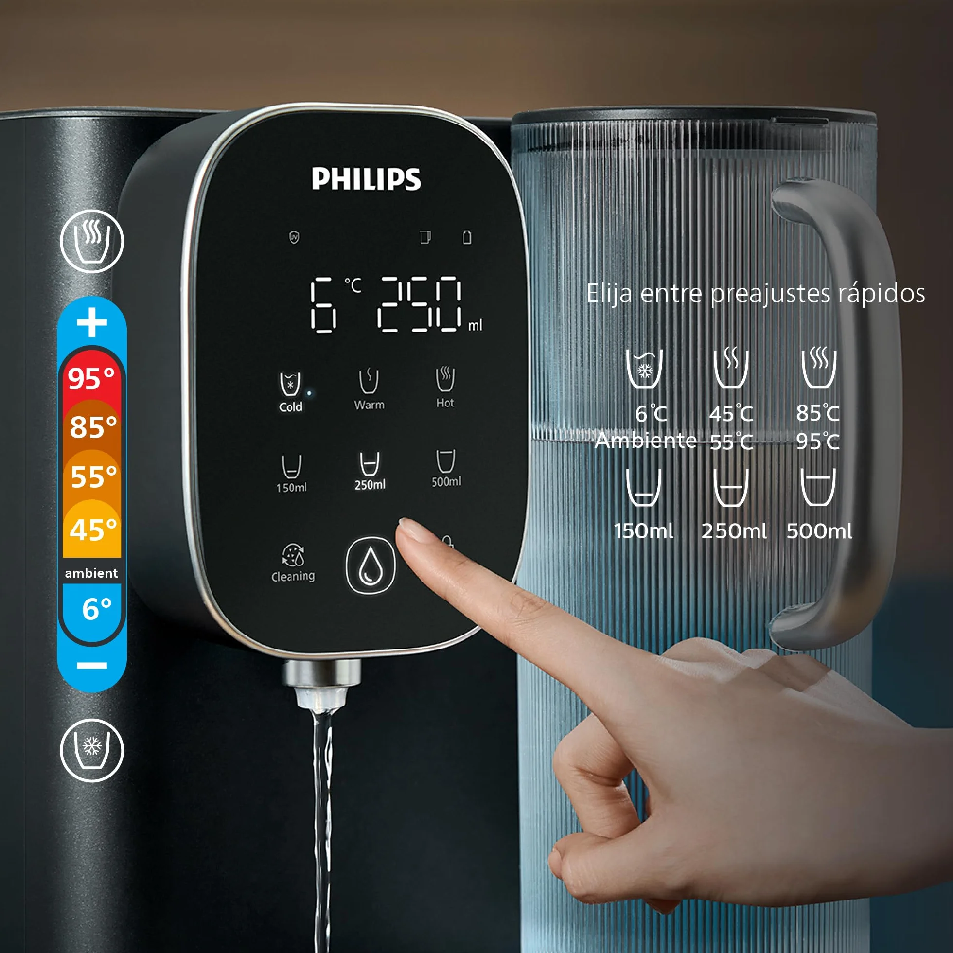 Philips Water Dispensador de Ósmosis Inversa 6500: Agua fría y Caliente purificada al Instante, filtración RO 5 en 1 Reduce >110 contaminantes, relación 3:1, UV-C, sin instalación, 2000 L.