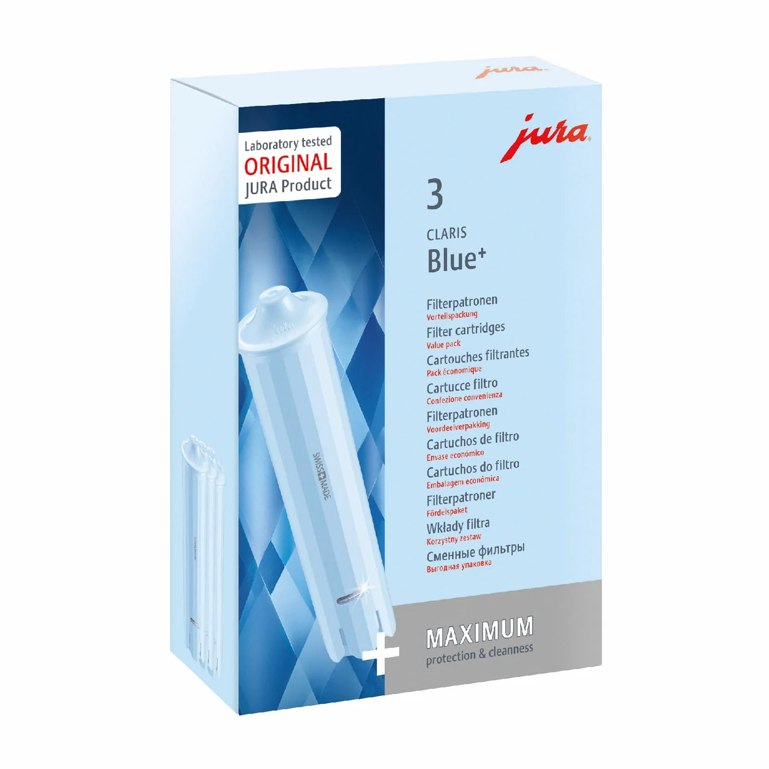 JURA Original – Claris Blue+ – Cartucho de filtro con el plus de higiene – Certificación TÜV – Pack de 3 – 24231