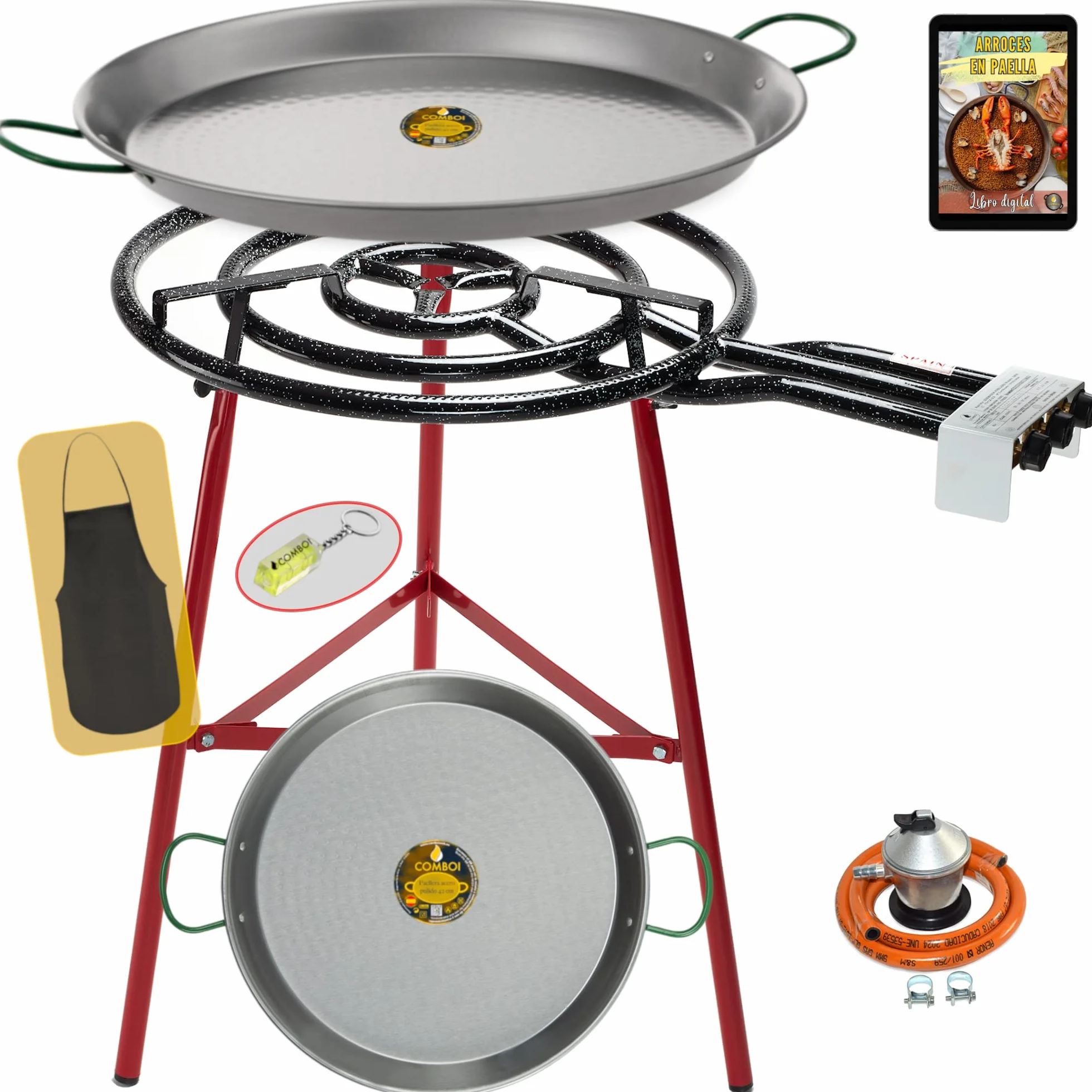 COMBOI Kit Quemador Paellero de gas butano 60 cm, paellera de 70 cm + paellera 42 cm, Regulador de gas, Manguera, Soporte Patas reforzadas, nivel, delantal, libro de recetas digital