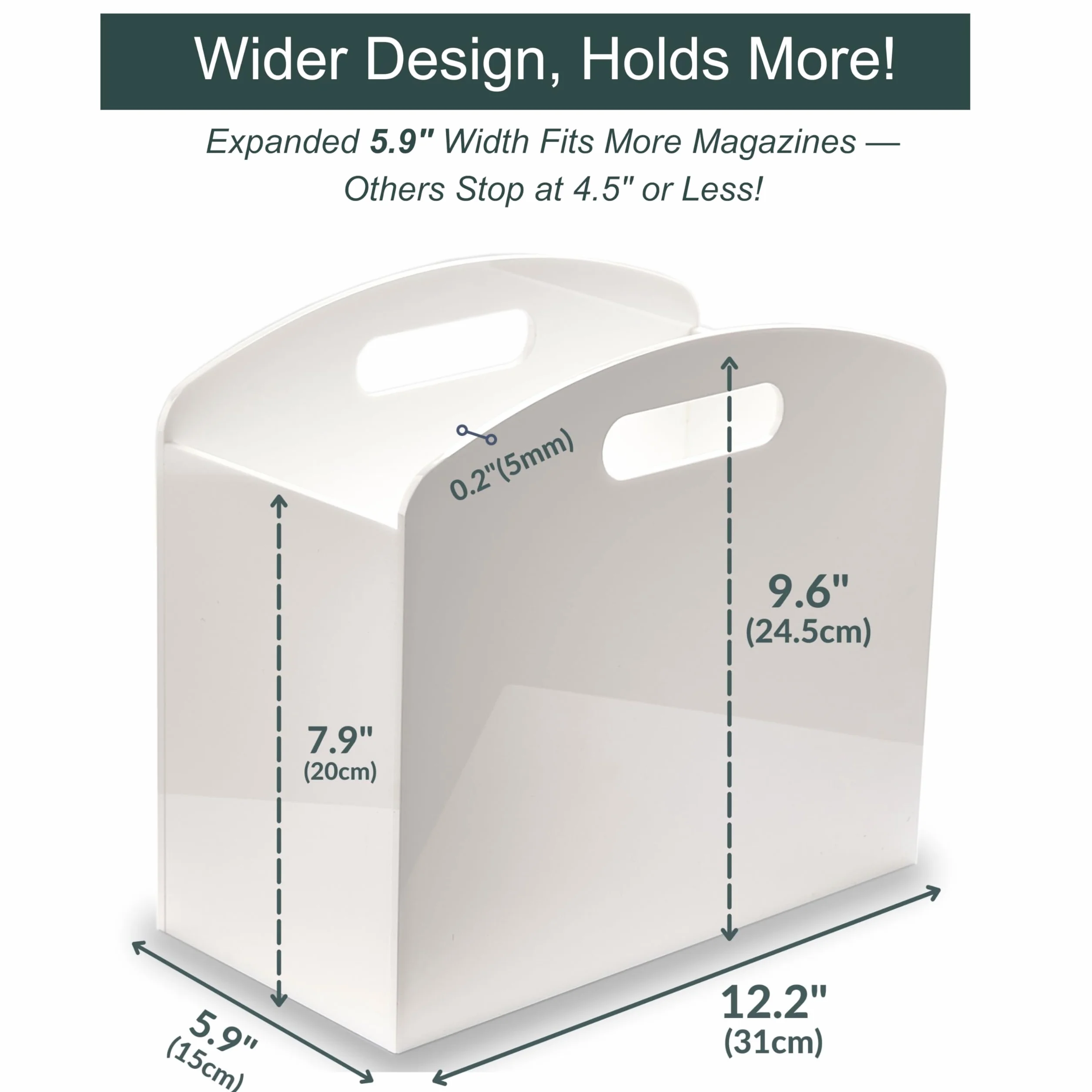 Revistero blanco – Revistero acrílico para piso, soporte de periódicos con asas, moderno Lucite para revistas y cesta de libros para baño, dormitorio, sala de estar