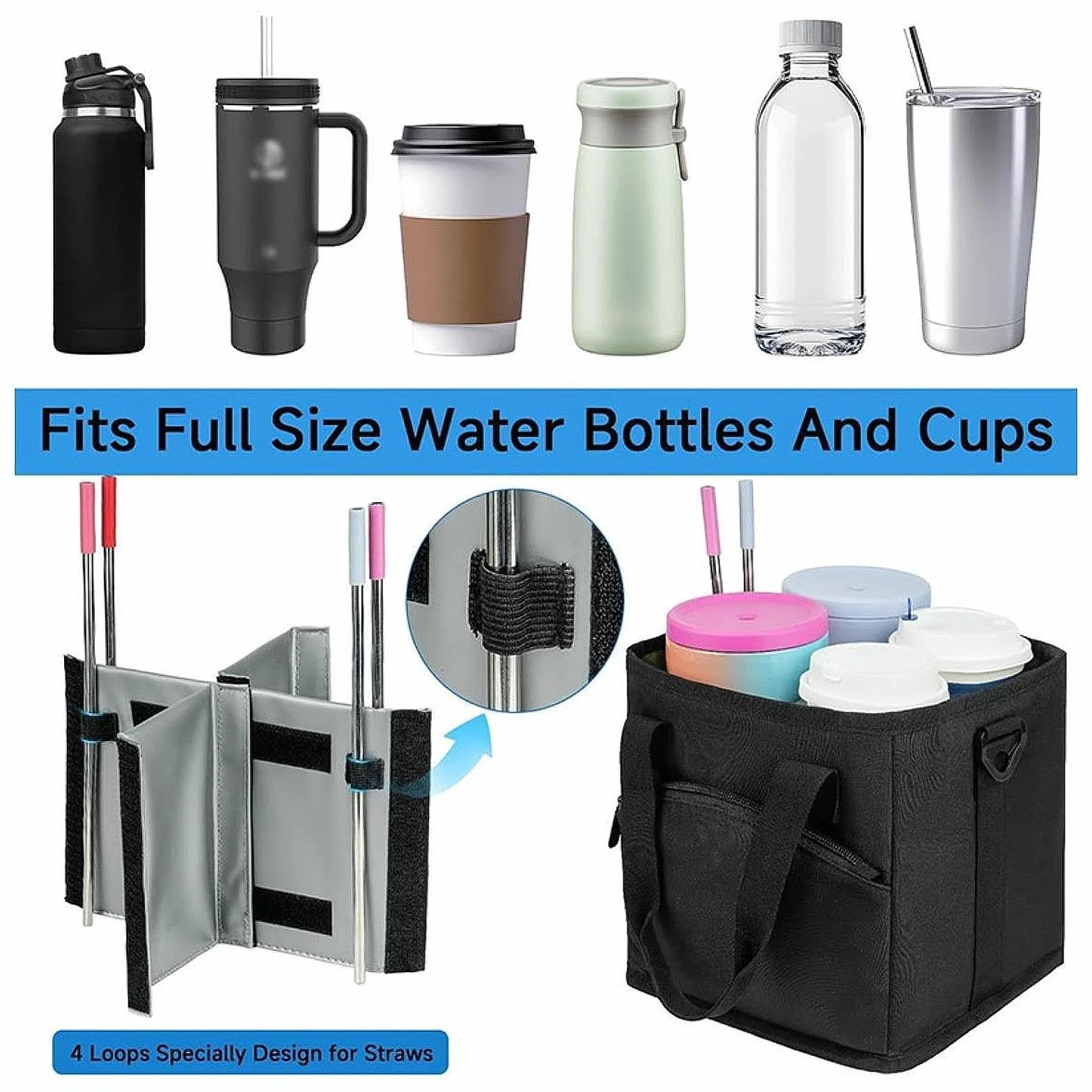 Bolsa para Bebidas Plegable Y Reutilizable con Cuatro Compartimentos, Soporte Isotérmico para Botella de Agua, Diseño Ligero E Impermeable Y Longitud, Negro, Individual