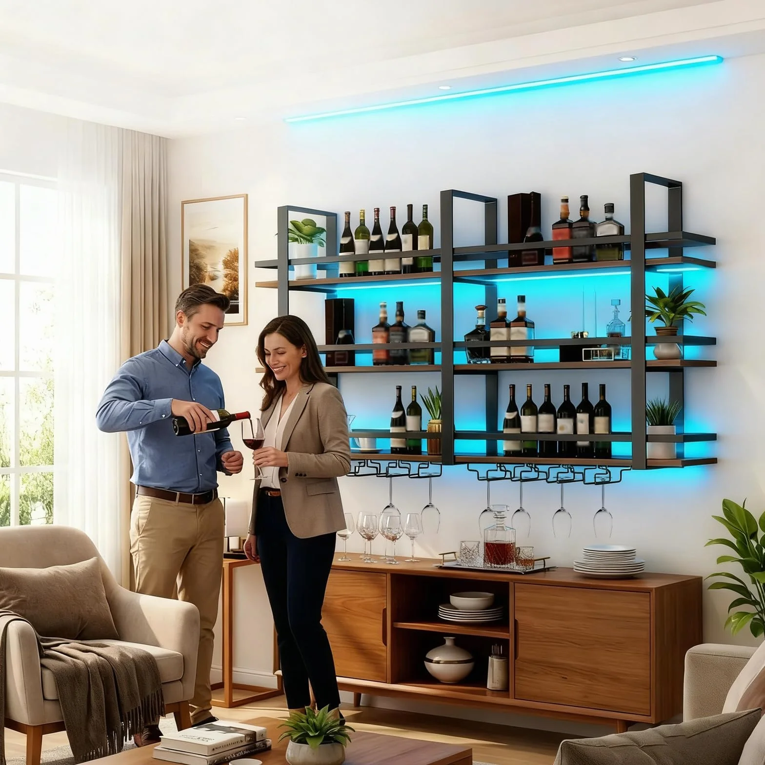 Botellero de Pared con Luz LED, 3 Niveles Estante Flotante Metal y Madera con Soporte Copas, Gran Capacidad Estante Exposición Vino, para Hogar, Restaurante Decoración Bar (Negro, 100cm)