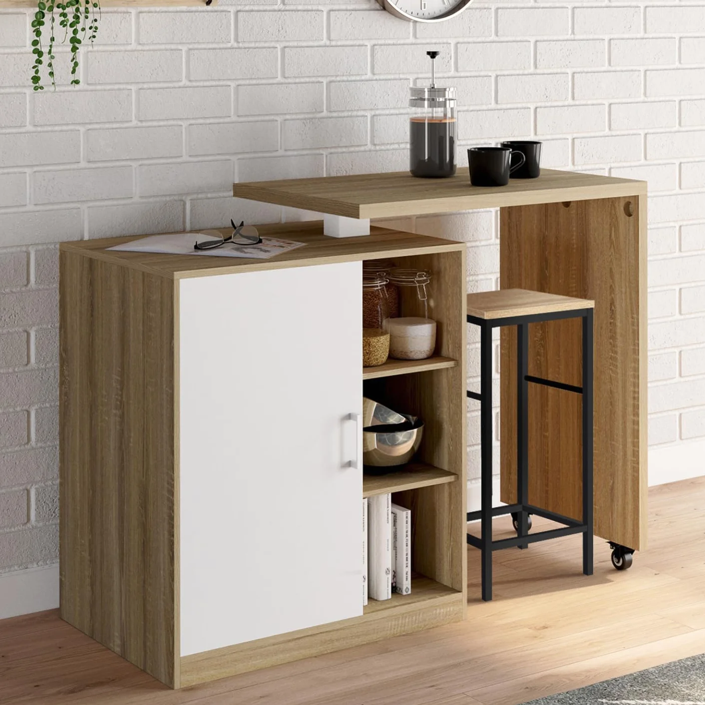 IDMarket – Ilot Rotativo Polo Mueble de bar giratorio 2 en 1 imitación haya puerta blanca