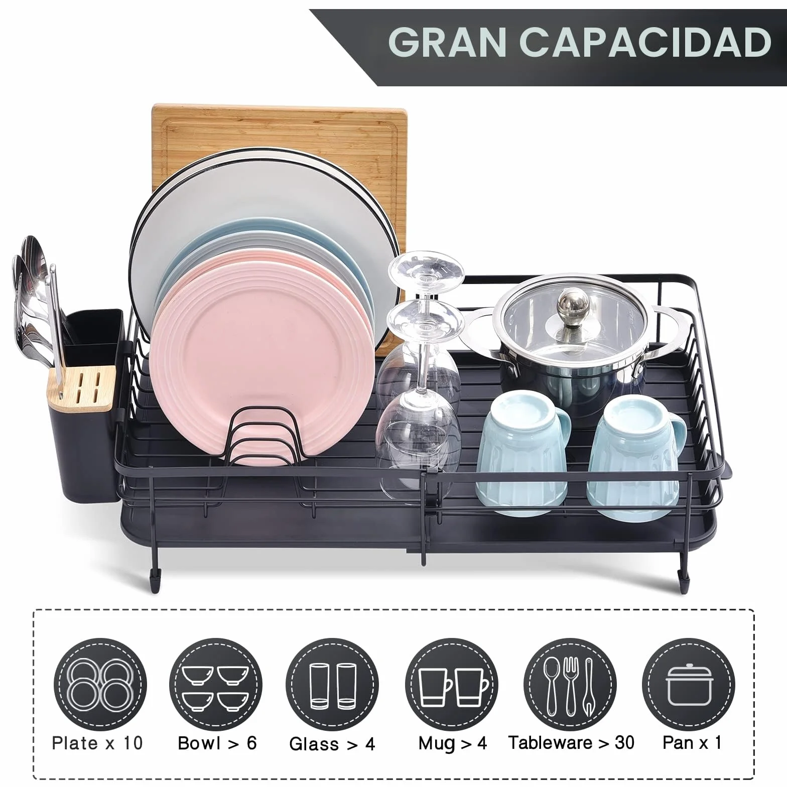 KINGRACK Escurreplatos Extensible de Gran Capacidad con Soporte para Cubiertos Extraíble, Negro