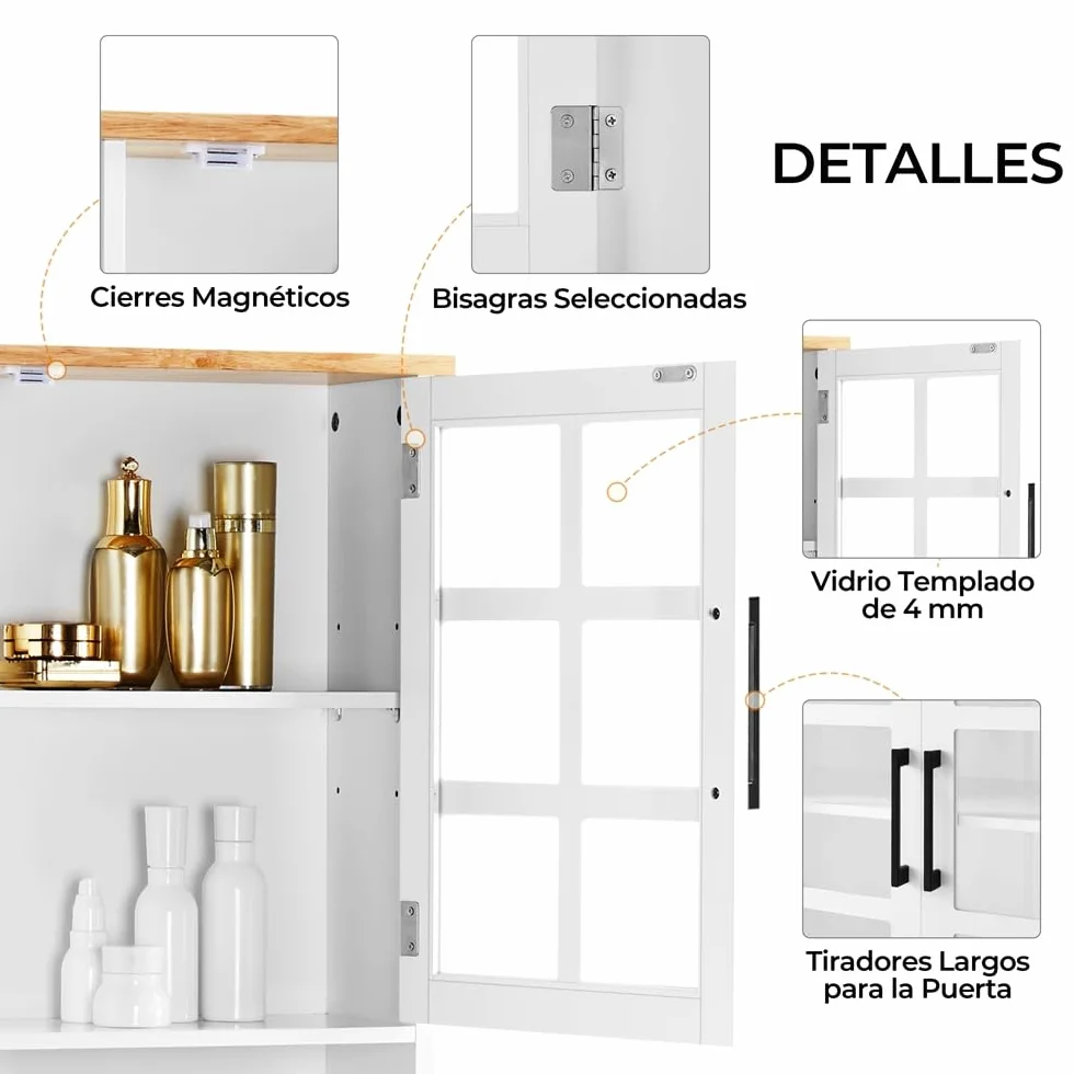Yaheetech Alacena de Cocina Mueble Buffet Armario con Puertas de Vidrio, Estantes Ajustables 80 x 37 x 183 cm