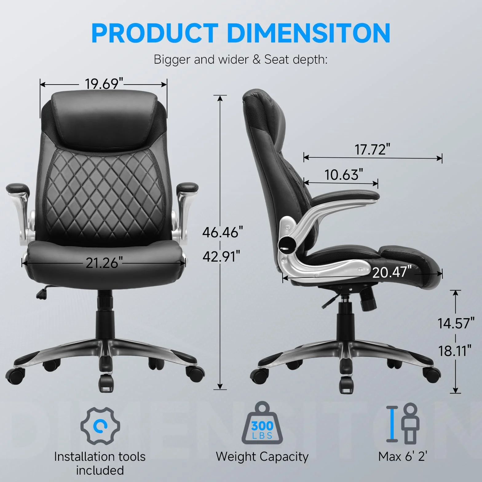 COMHOMA Silla de Oficina ergonómica con reposabrazos Plegables y Respaldo Alto, función basculante, Altura Regulable, Piel Resistente a los arañazos