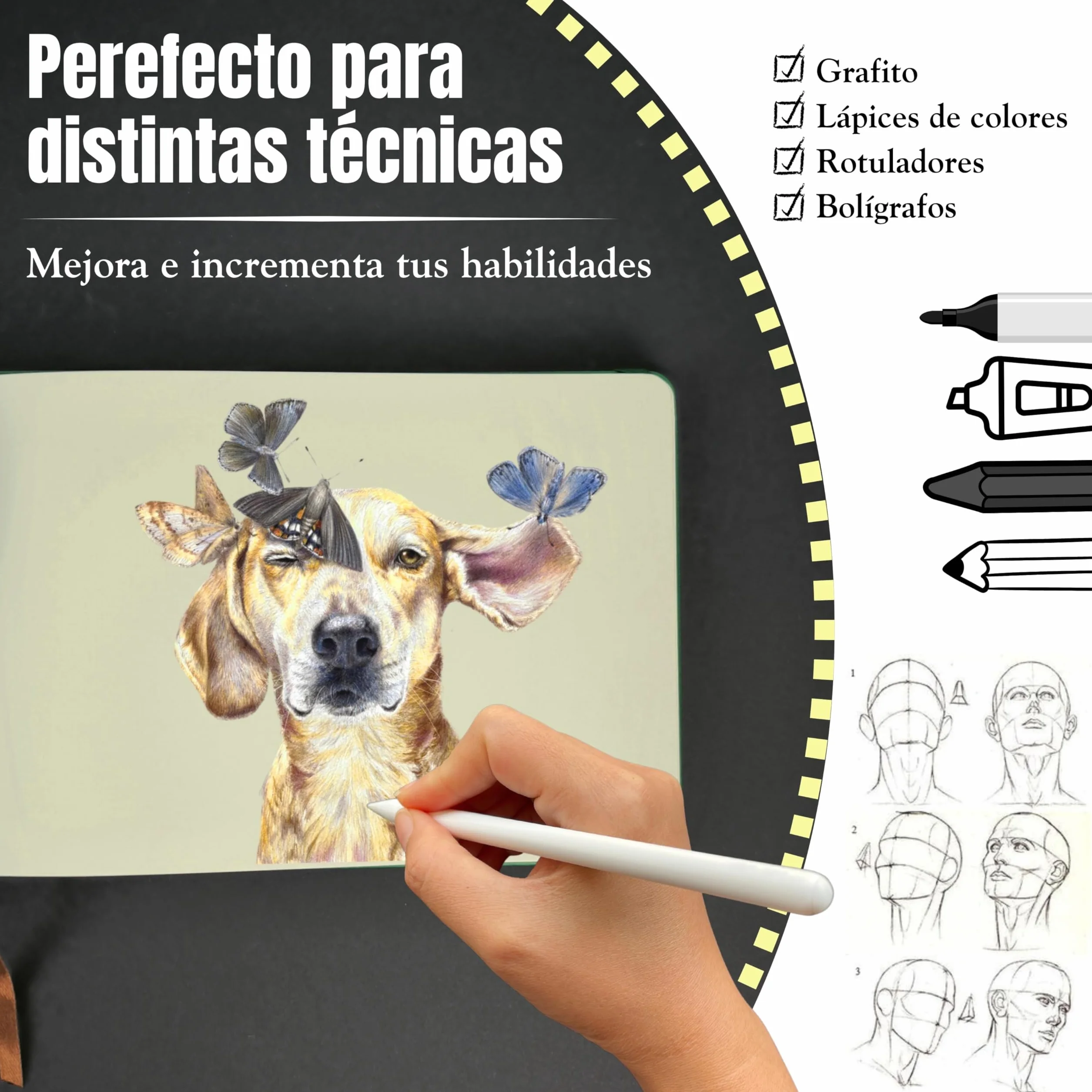 Cuaderno de dibujo profesional tapa dura 80 hojas 200 g/m² Sketchbook Artistic Green