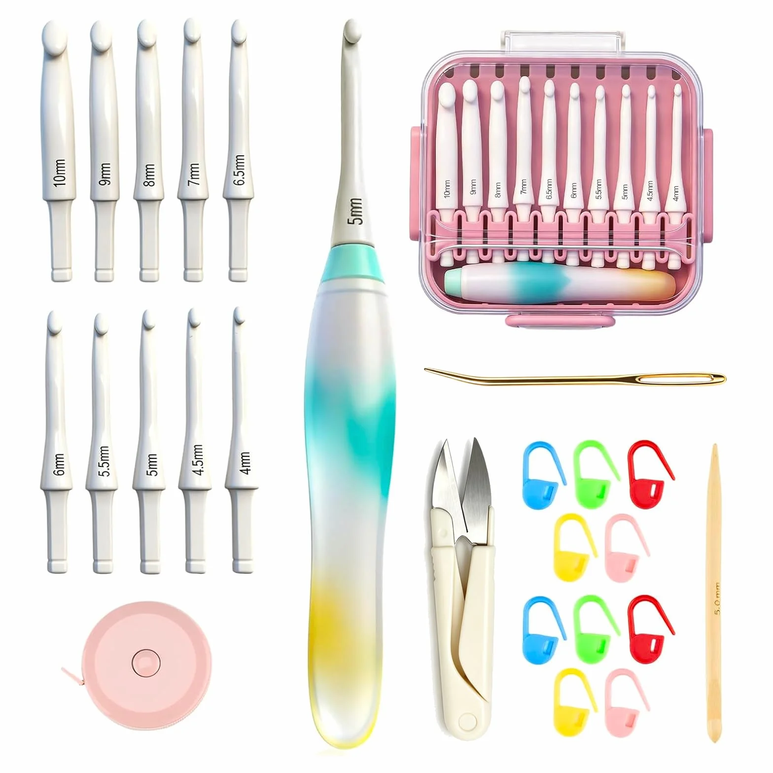 Juego de agujas de ganchillo intercambiables de 10 tamaños, mango ergonómico de gelatina, extralargo, 15 accesorios preincluidos, funda portátil