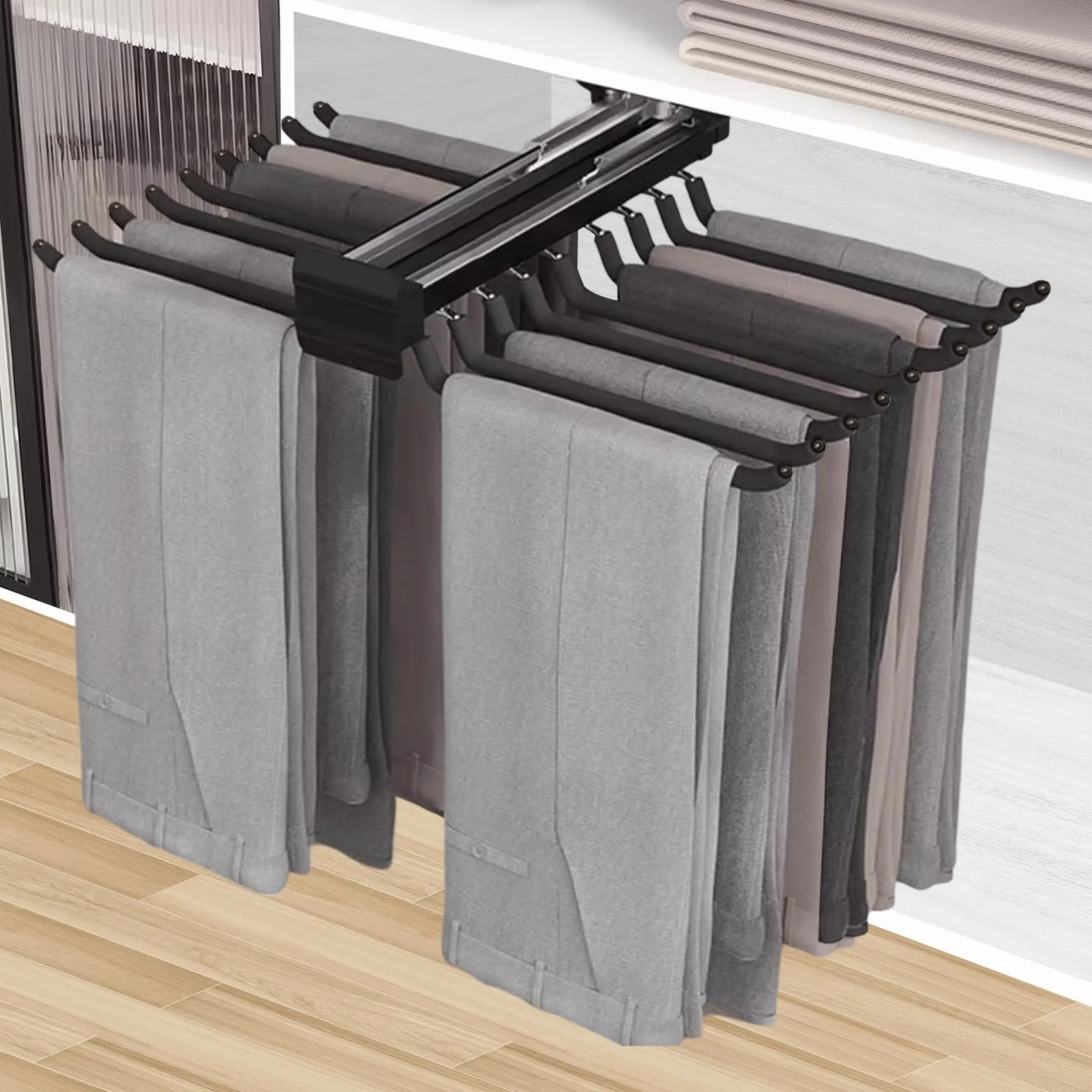 Soporte extensible para pantalón, barra para 18 pantalón, suspensión con amortiguador silencioso, organizador de ropa que ahorra espacio 45,8 cm