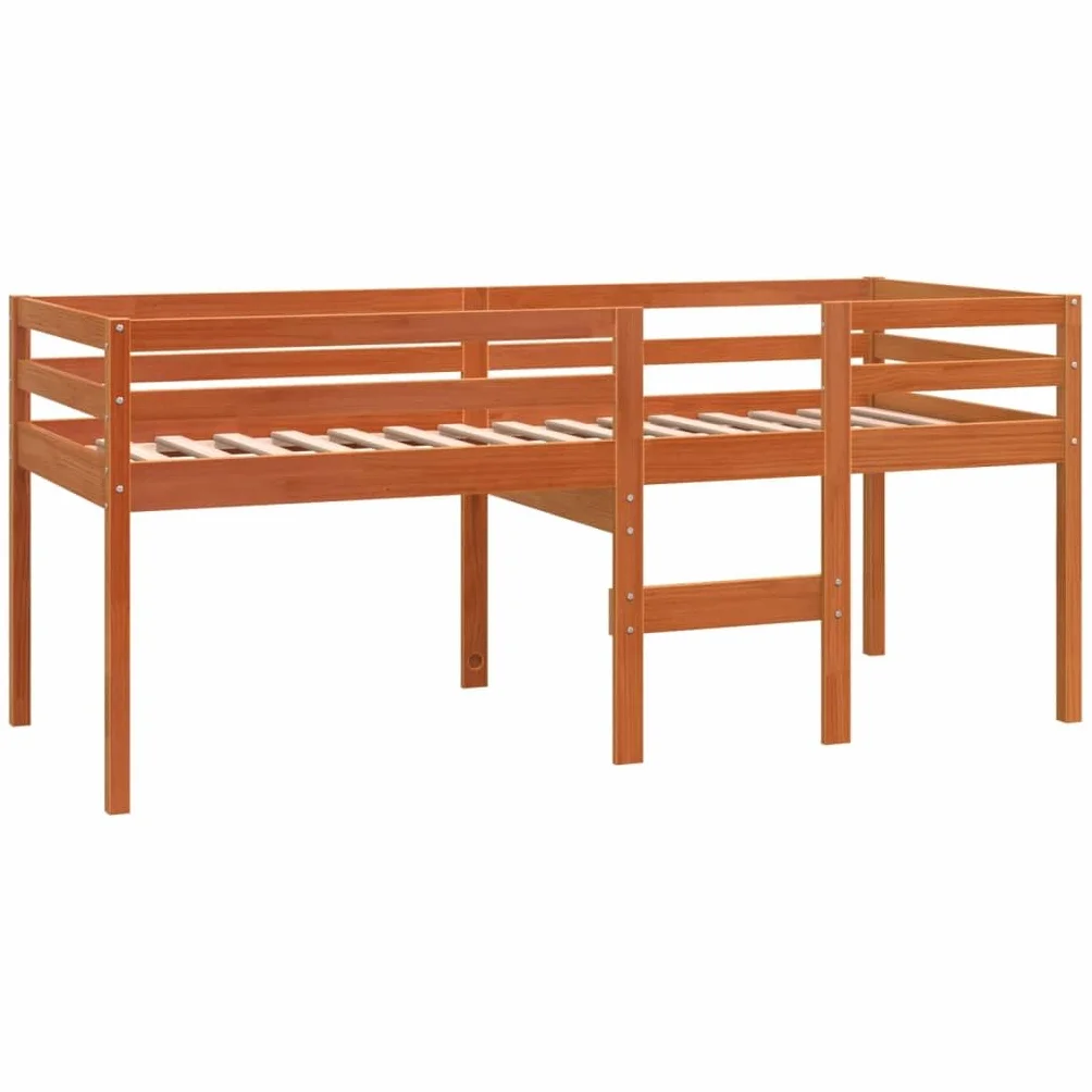 Cama alta marrón cera 80 x 200 cm madera maciza de pino, estructura de cama robusta para niños y jóvenes, mueble para dormitorio, diseño seguro con escalera