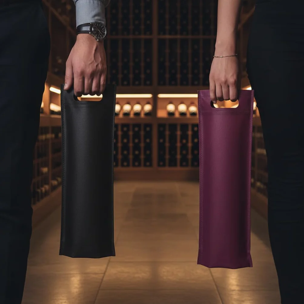 Bolsa para Botella, Non-Woven Negra, asa troquelada | 17 x 40 x 10 cm, fuelle en la base, 100% reciclable, reutilizable, 200 unidades