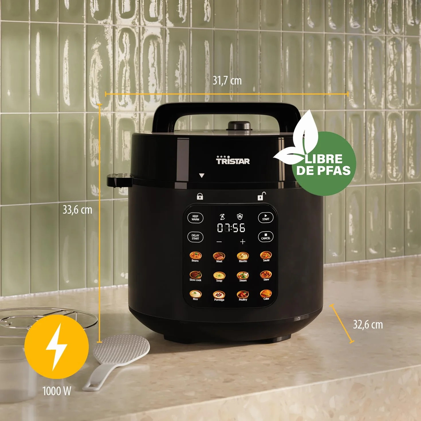 Olla a Presión Eléctrica Tristar, Capacidad de 6 l, Potencia de 1000 W, Funciones de Seguridad Integradas, Cubeta Extraíble, Fácil Limpieza, RK-6160
