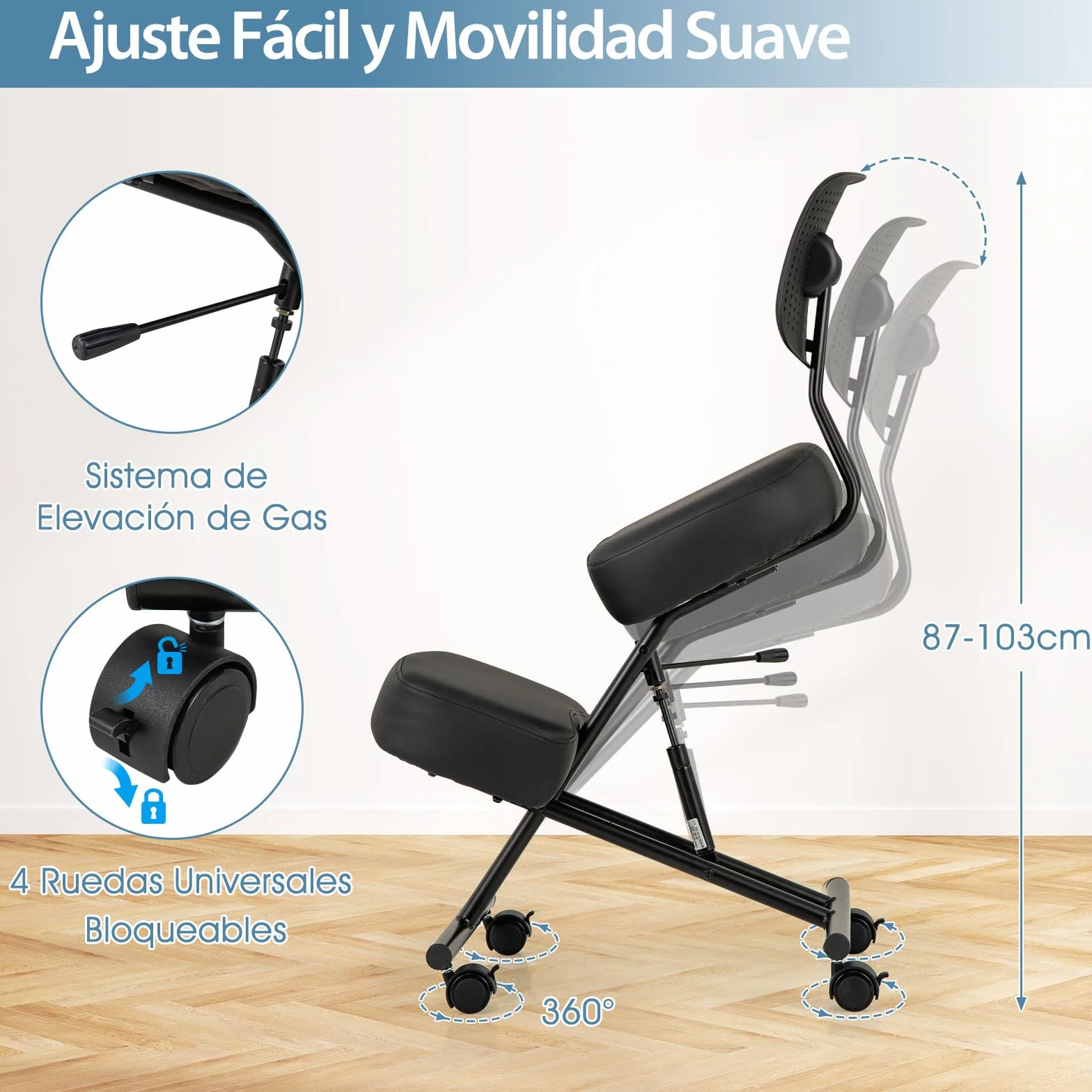 COSTWAY Silla Ergonómica Rodillas con Respaldo, Ajustable en Altura, Taburete Corrector de Postura con Asiento Inclinado, Silla Oficina con Ruedas Universales Bloqueables, 64,5-84,5 x 46 x 87-103 cm