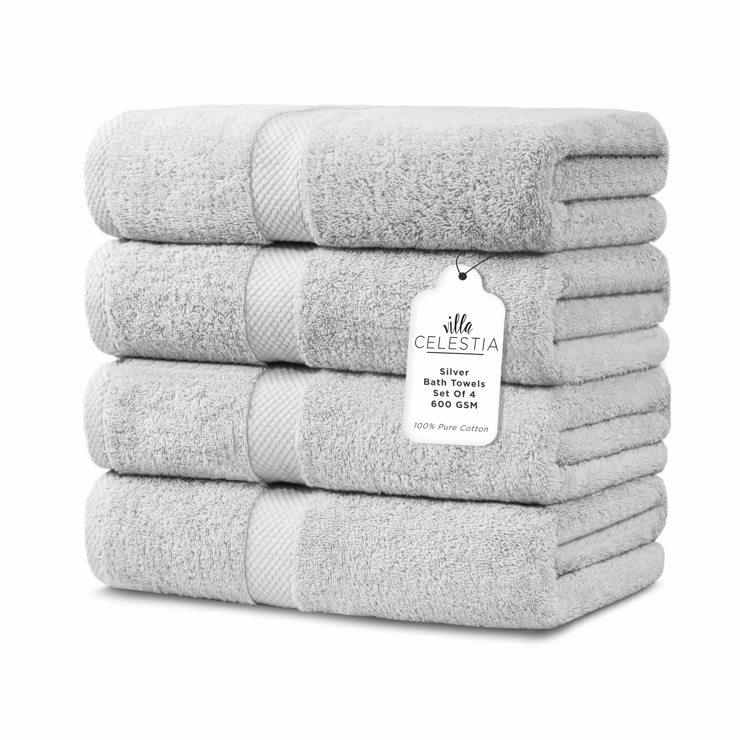 Villa Celestia Toalla de baño de 600 g/m², color gris claro, toallas de baño 100% algodón para baño, toallas de baño suaves plateadas, juego de toallas plateadas para baño, 68 x 137 cm, juego de 4