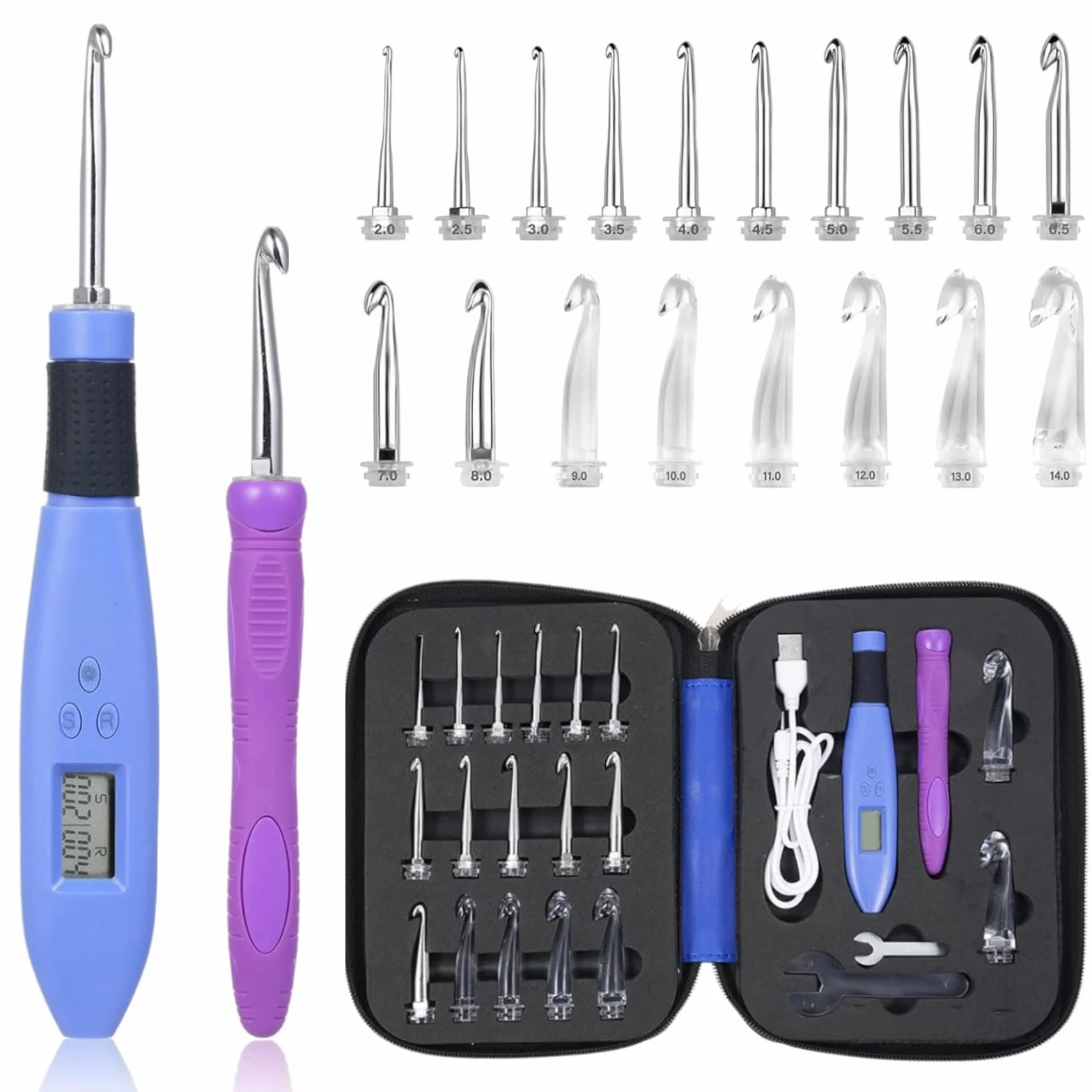 Foxyoo Juego de agujas ergonómicas de ganchillo con luz y contador de puntadas, 18 piezas | Kit intercambiable (2.0-14.0 mm) para aliviar la artritis, principiantes y avanzados, estuche de viaje portátil incluido