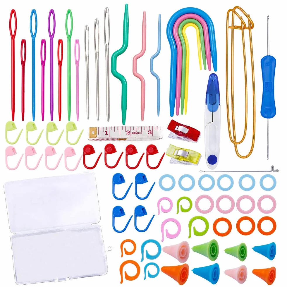 JUPEAN Accesorios completos para tejer, kit de suministros de punto con marcadores de puntada, agujas de coser de plástico, agujas de cable para coser y tejer