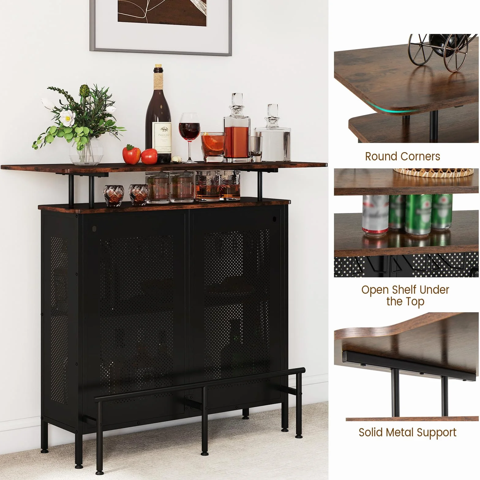 KOMFOTTEU Mesa Alta de Bar con Estante Elevado y Portavasos, Mesa Barra de Cocina de 4 Niveles de Metal, Mueble de Comedor Industrial con Patas Ajustables (Rectangular, Marrón)