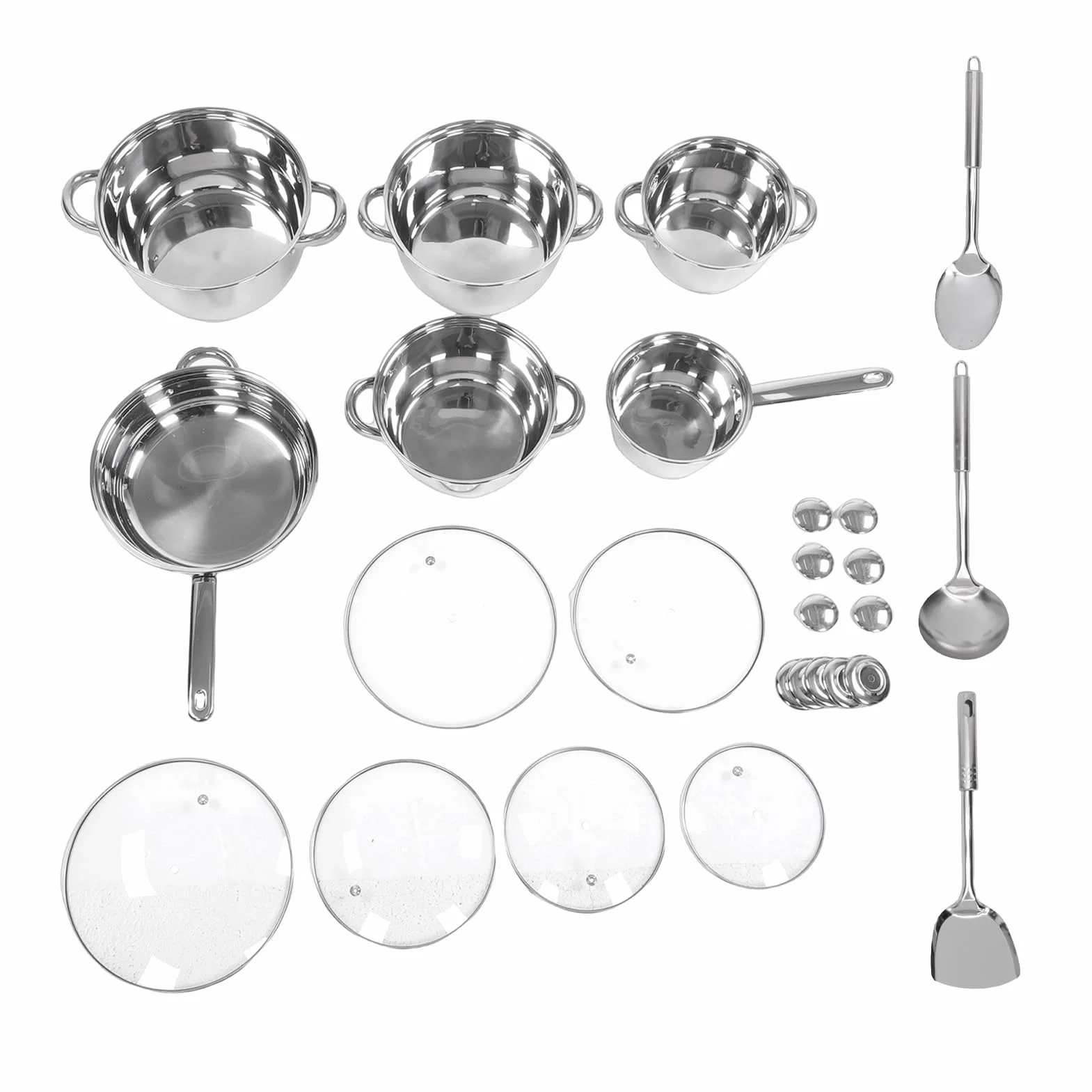 SUNGOOYUE Juego de Utensilios de Cocina de Acero Inoxidable, Juego de Ollas y Sartenes de 15 Piezas con Tapas de Vidrio, Agarre Antideslizante, a Prueba de Altas Temperaturas, Multifuncional para