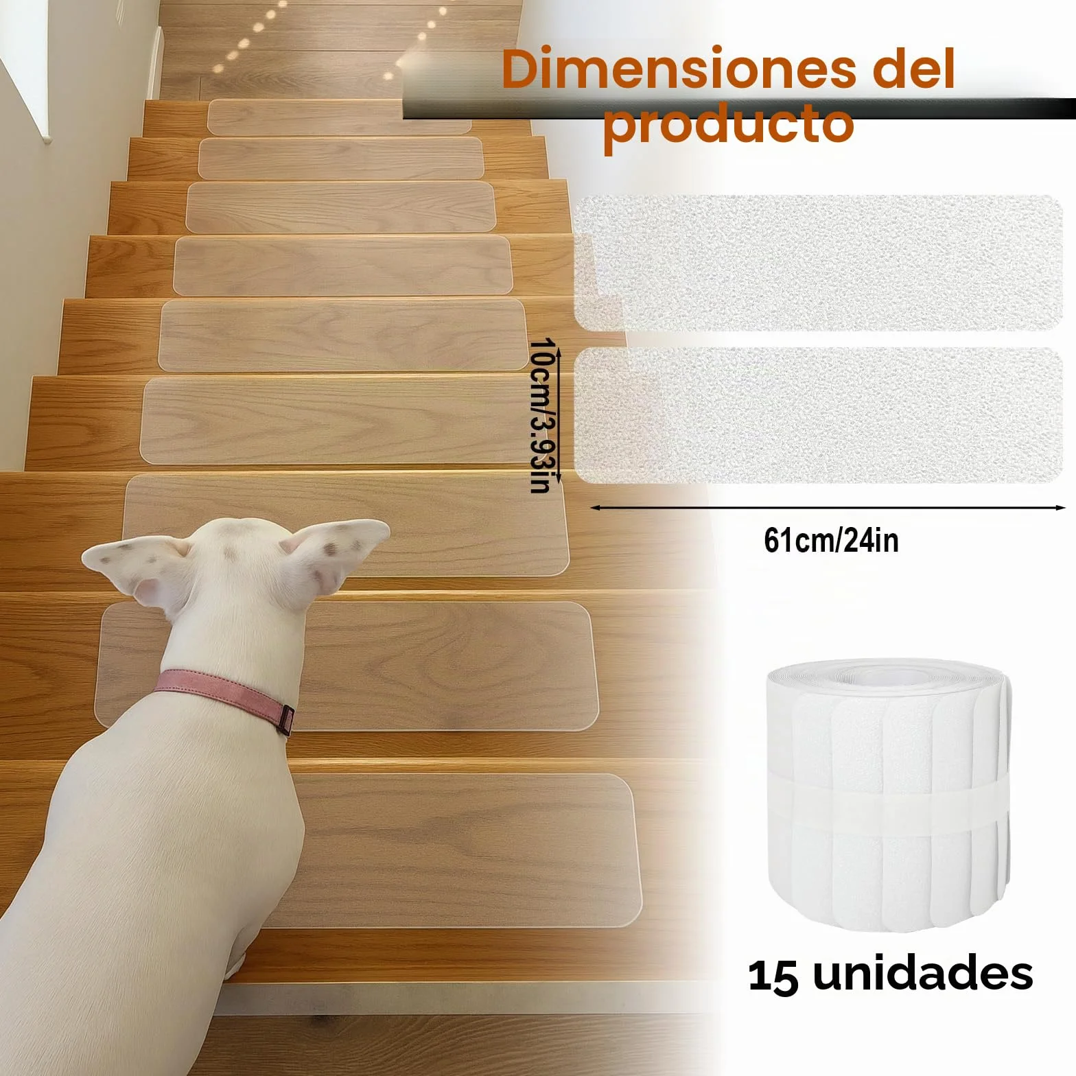 Alfombrillas antideslizantes para escaleras, 15 unidades, protección antideslizante, autoadhesiva, transparente, banda antideslizante para escalones de madera y suelos (10 x 60 cm)