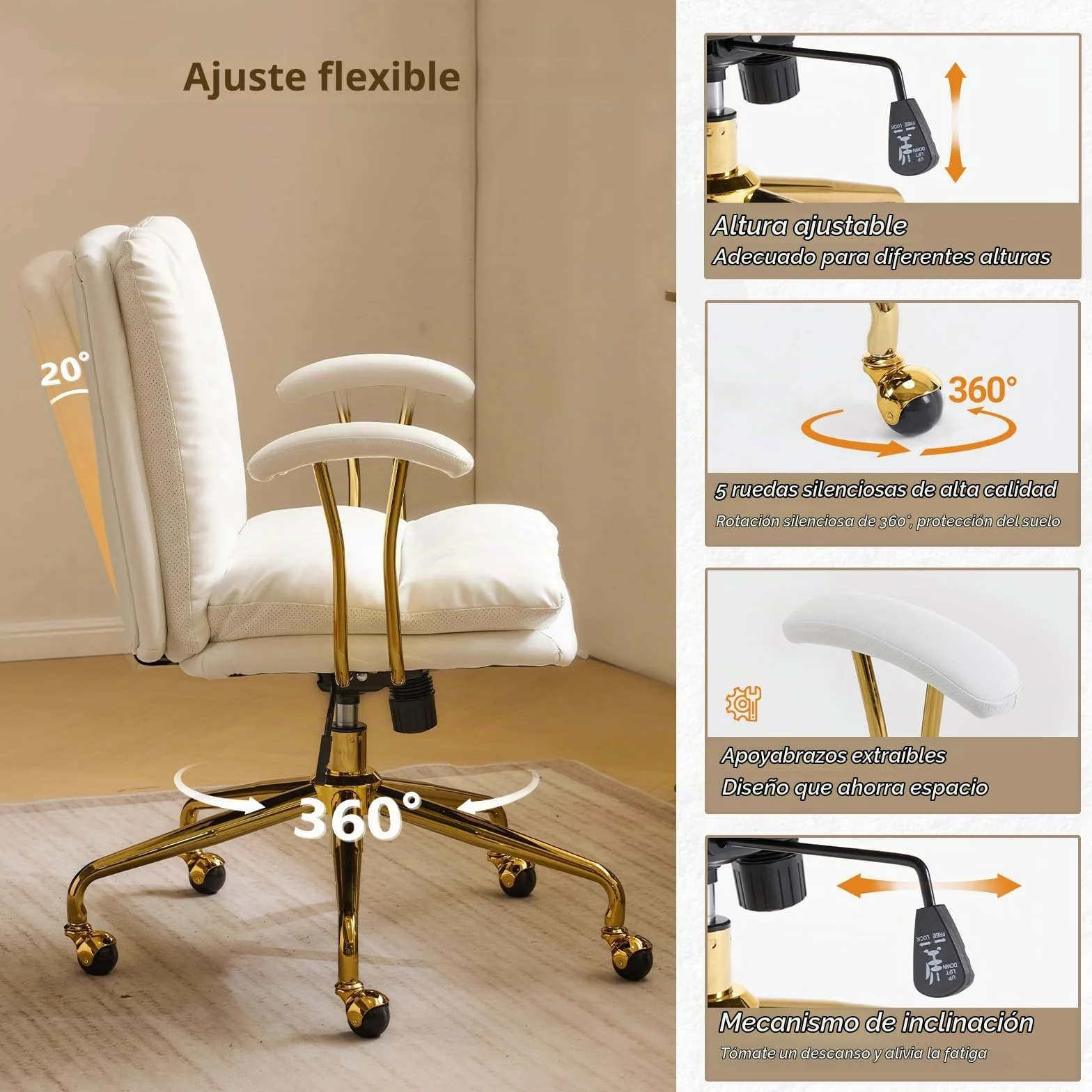 Bonnlo Silla de Escritorio, Silla ergonómica con reposabrazos, Silla ejecutiva, Silla giratoria, Regulable en Altura y Función de Inclinación, Oficina en Casa, Cuero PU, Blanco