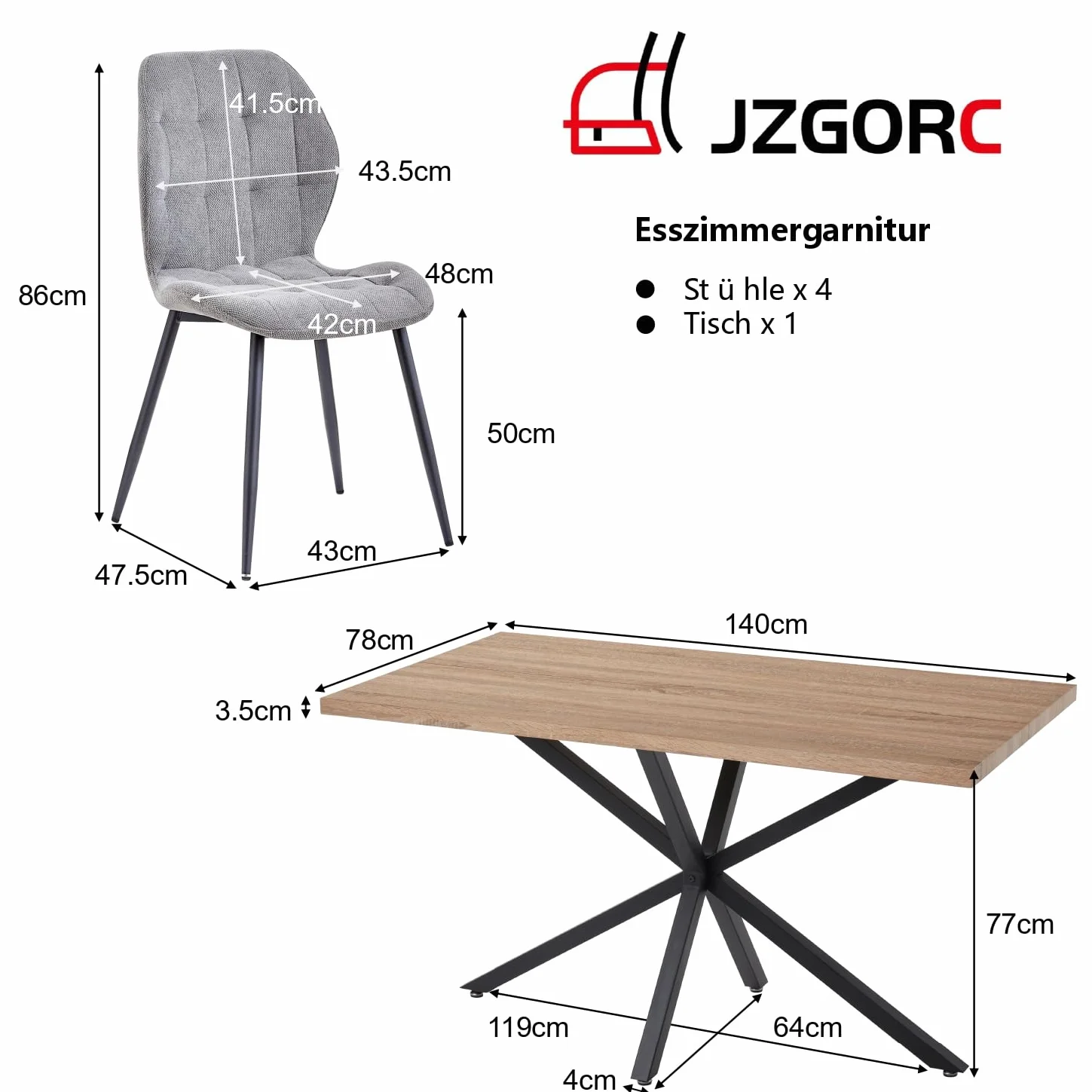 Conjunto de Mesa y Sillas de Comedor: Mesa Rectangular de 140 cm y 4 Sillas Tapizadas, Ideal para Comedor, Cocina y Salón - Color Claro + Gris Oscuro